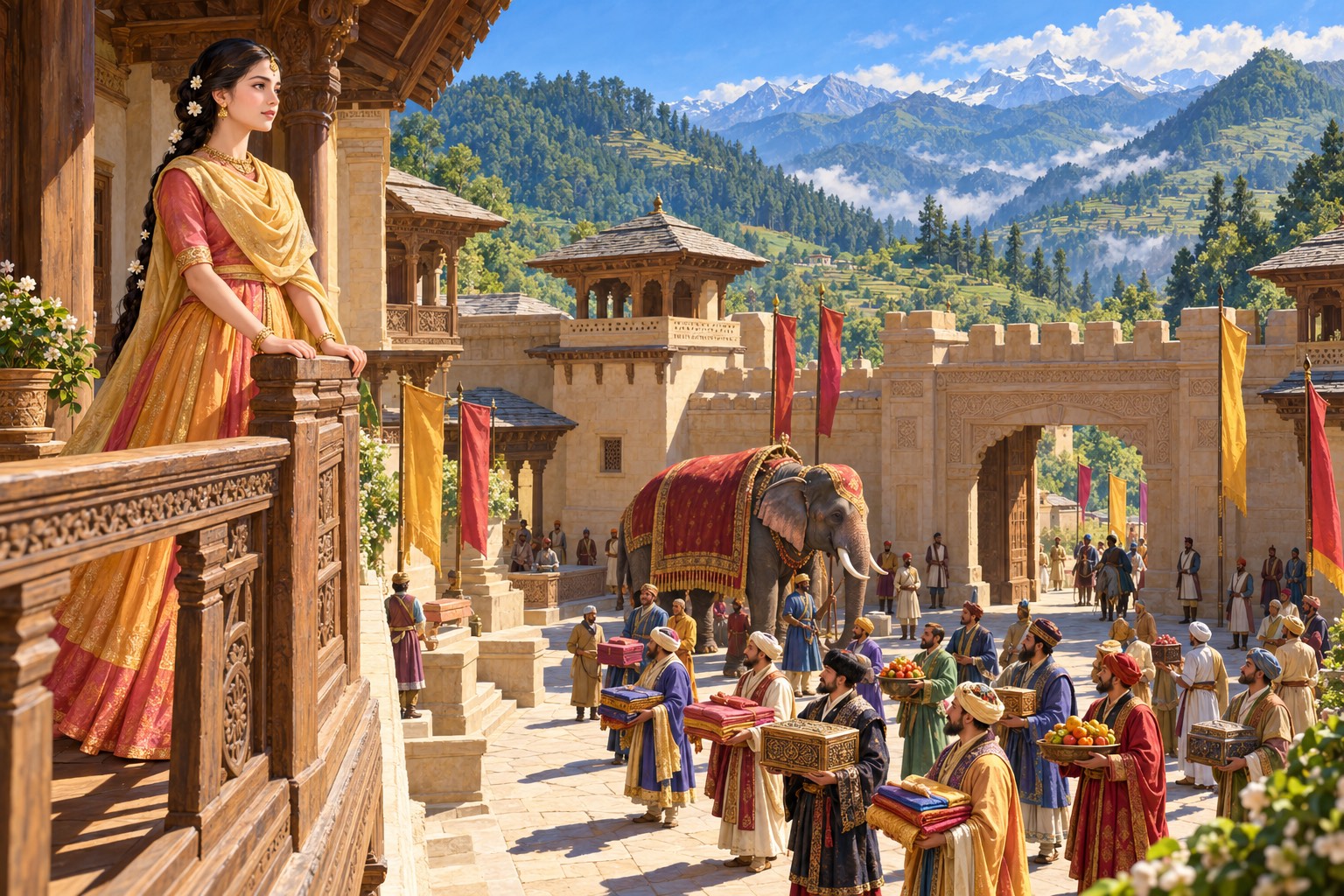 Envoys crowd a palace courtyard with gifts and an elephant, while above them on a balcony a young princess stands apart, looking calmly toward the hills.