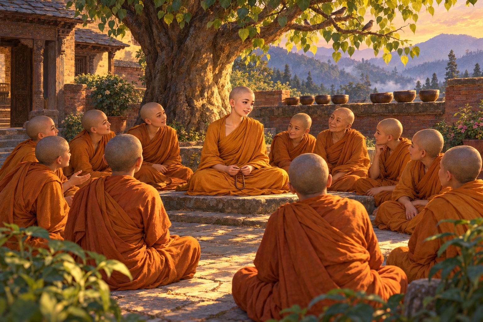 In a shaded brick courtyard, a circle of shaven-headed nuns in ochre robes sit together, with Mandarava at the centre.