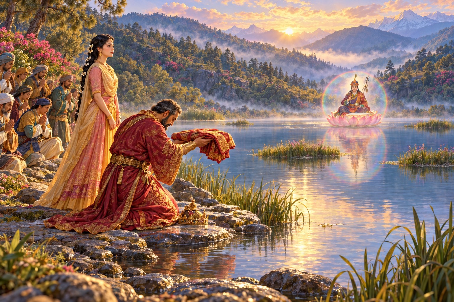 A king kneels on a lakeshore holding out a folded robe as an offering, his crown beside him, while Mandarava stands nearby and Guru Rinpoche sits on a lotus far out on the water.