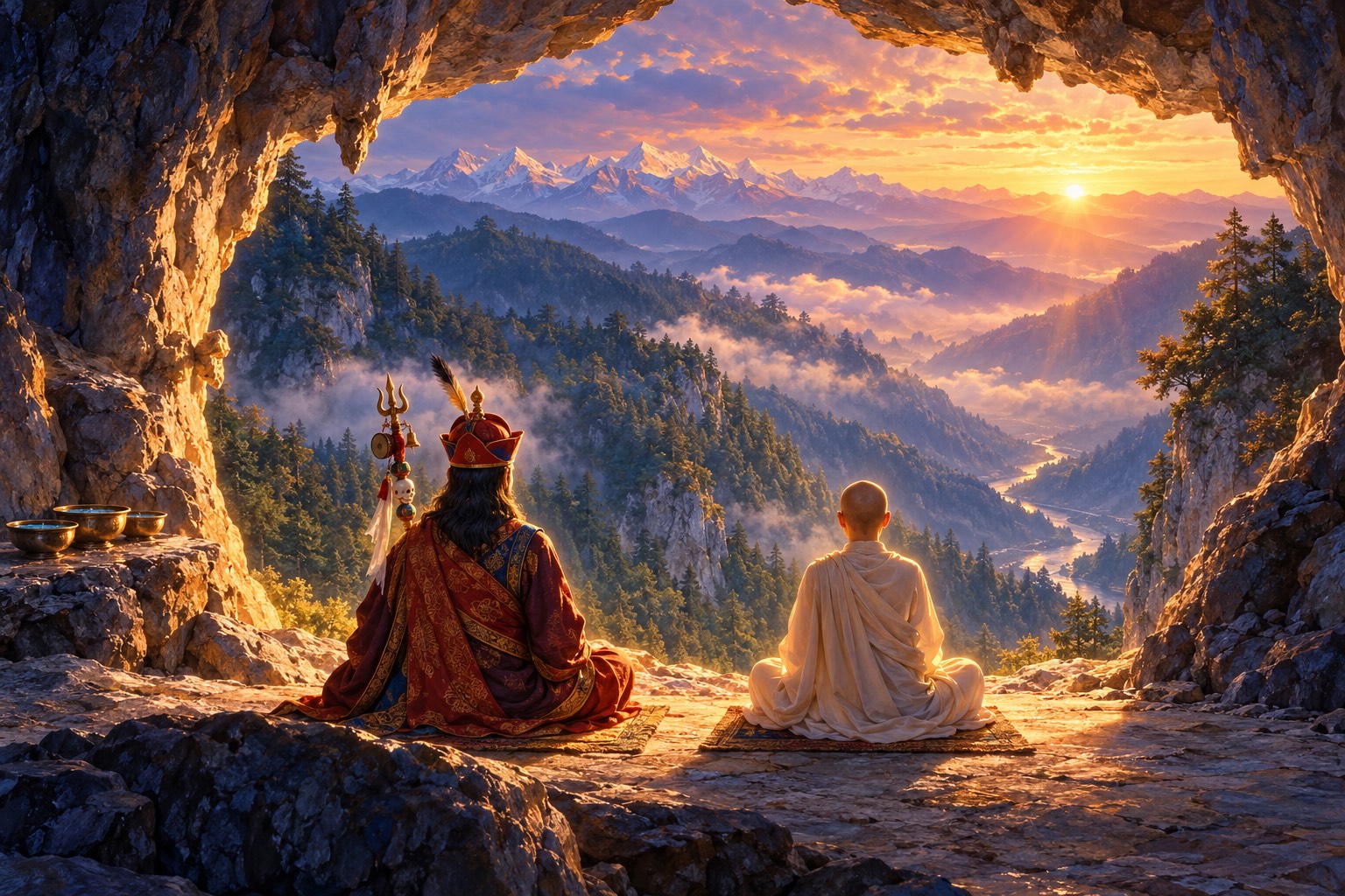 From inside a cave, two figures sit in meditation at its mouth, silhouetted against golden light and forested hills.