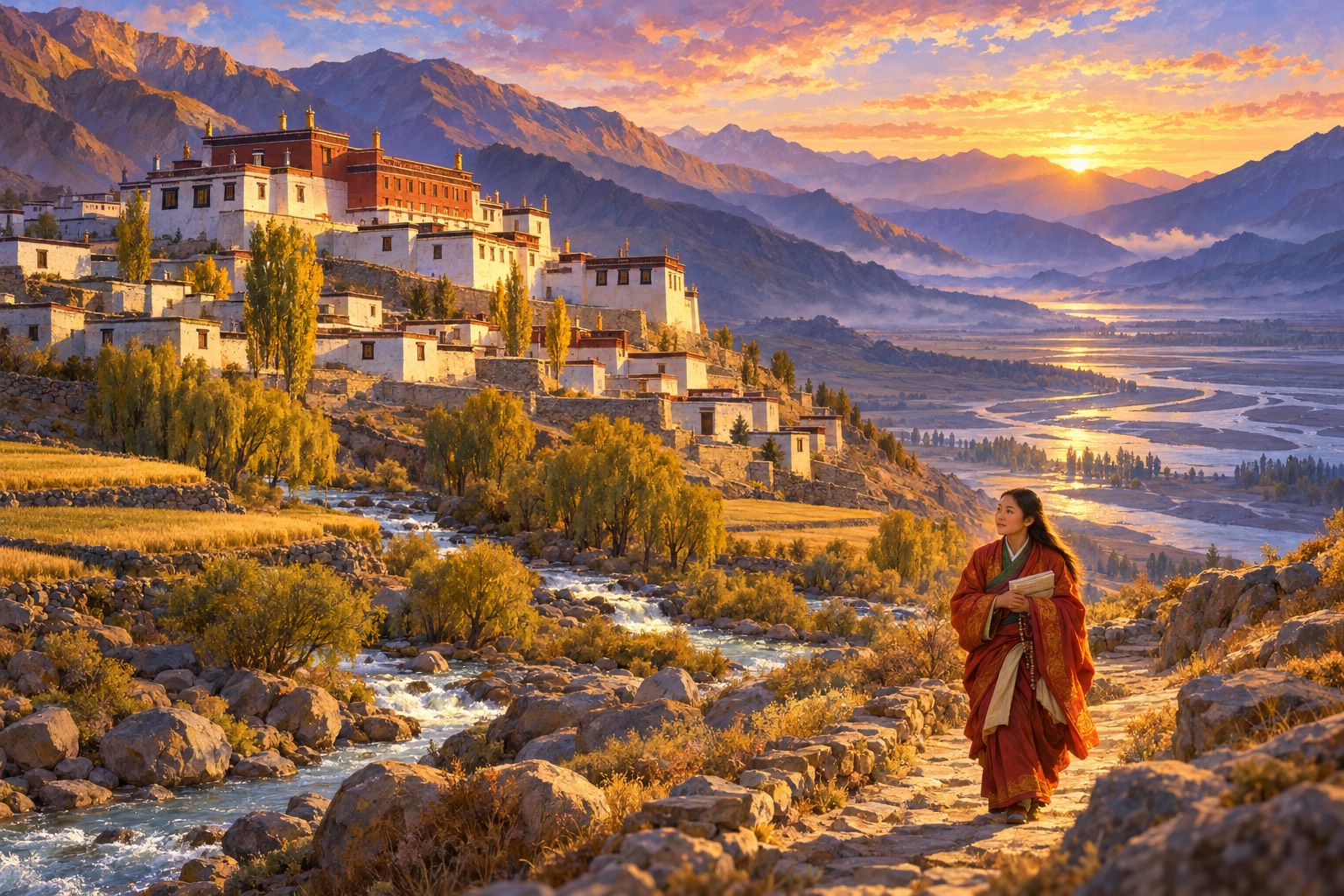 A wide, dry Tibetan valley at golden hour, with a whitewashed and red-ochre monastery on rising ground, terraced barley fields, willows along a stream and a broad river far below. A small figure of a young woman in a red-orange robe walks up a stone path toward the monastery, holding a wrapped book.