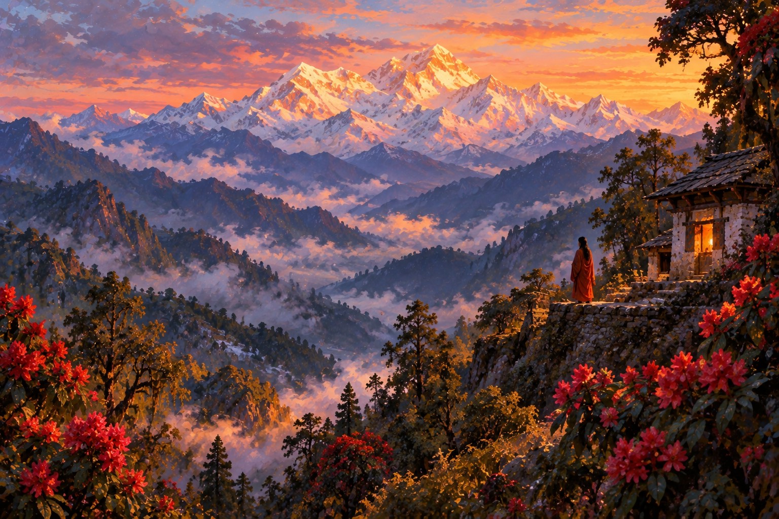 Forested Sikkimese ridges fade into blue mist at dusk beneath the glowing snow massif of Kangchenjunga. A small house with one lit window stands on a spur, and a tiny figure in red-orange stands beside it.