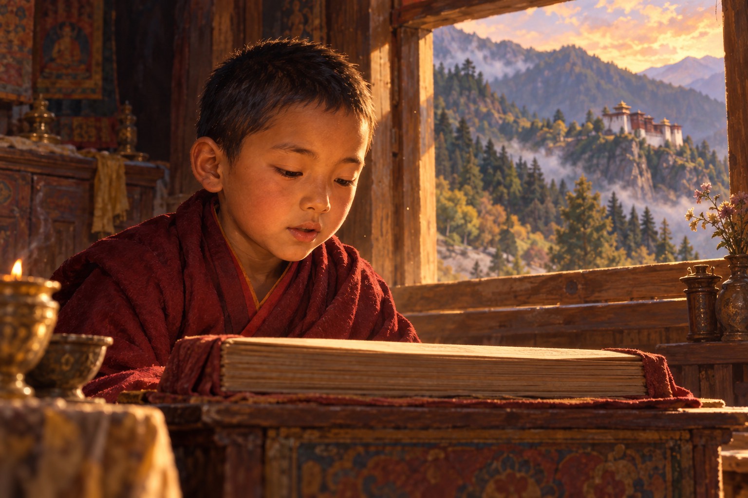 A young boy with short black hair and a dark red robe sits by a small window in warm afternoon light, eyes lowered as he recites from memory, a long Tibetan book face down on the table before him.