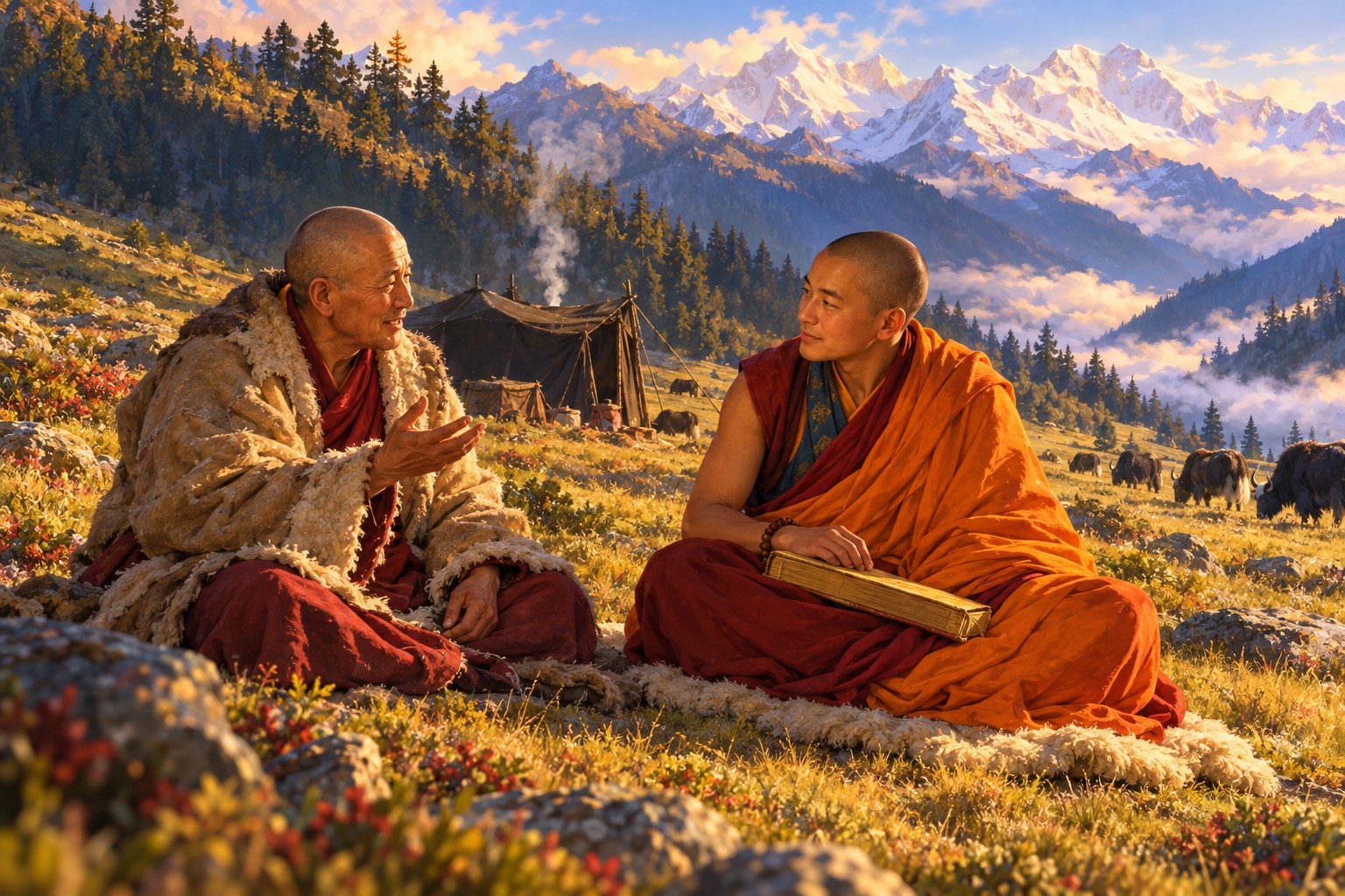 On a sunny high meadow, a lean older lama in a worn sheepskin coat teaches a young monk in an orange shawl, who listens closely with a book on his knees. A black nomad tent and distant snow peaks stand behind them.