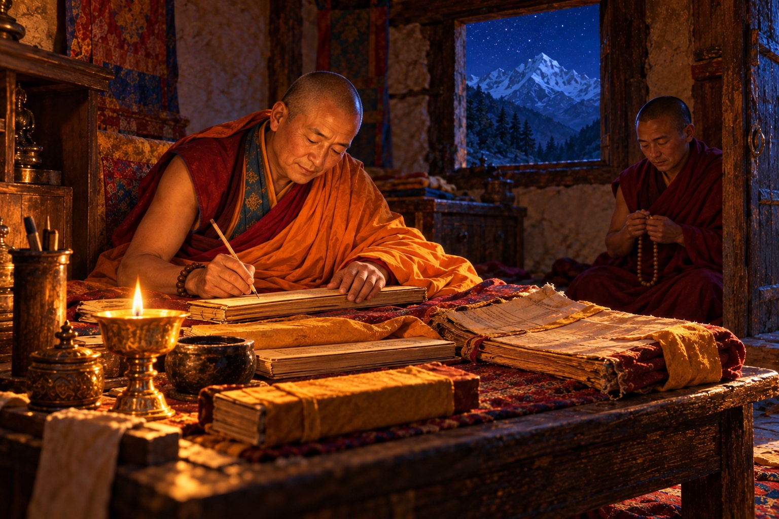At night in a small lamplit room, an older monk in an orange shawl writes on long paper folios beside an old bundle of pages, while his attendant kneels near the door reciting with a mala.