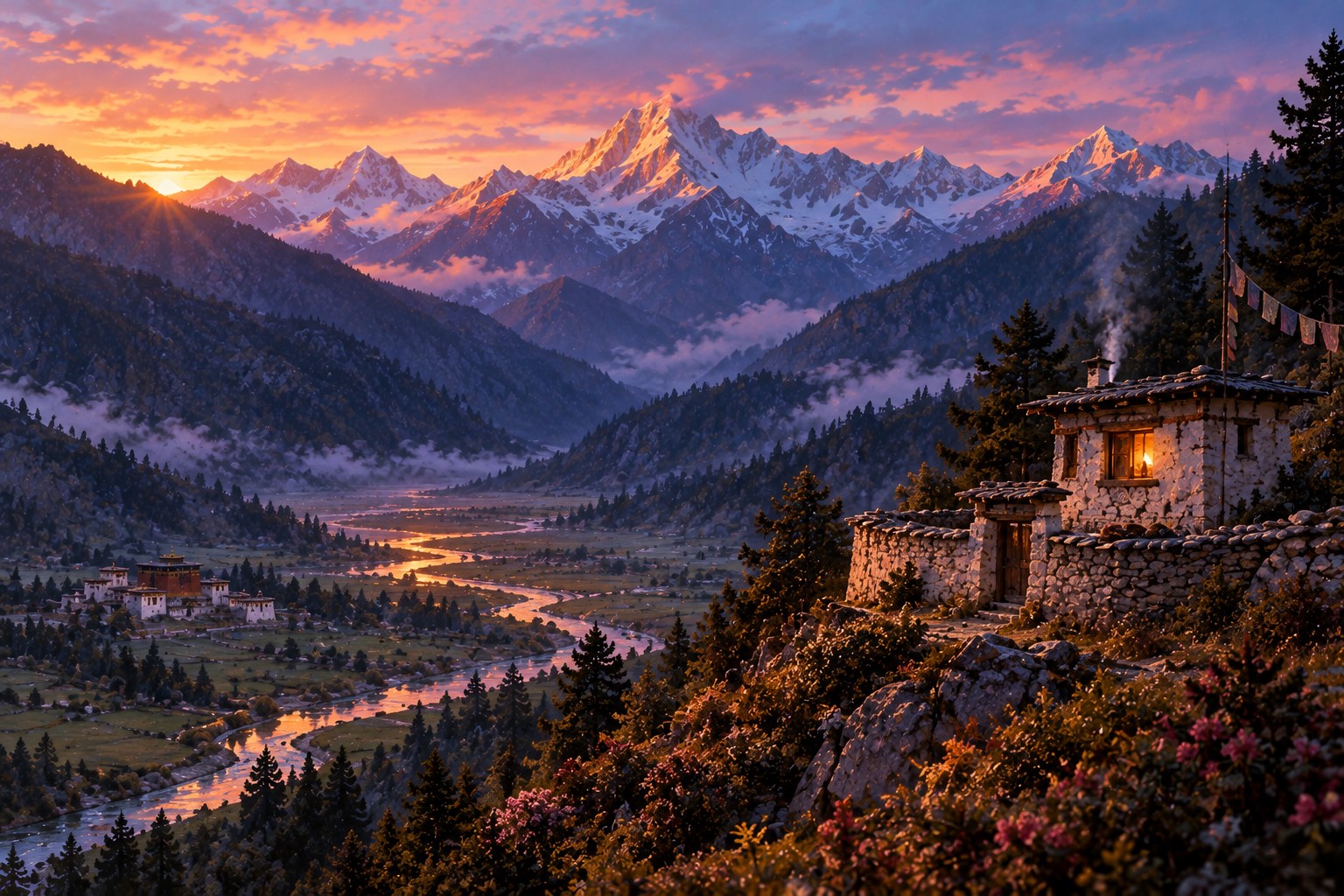 At dusk, a small stone-and-timber hermitage on a slope has one lamp-lit window and a thread of smoke rising, above a quiet river valley and rose-tinted snow peaks.