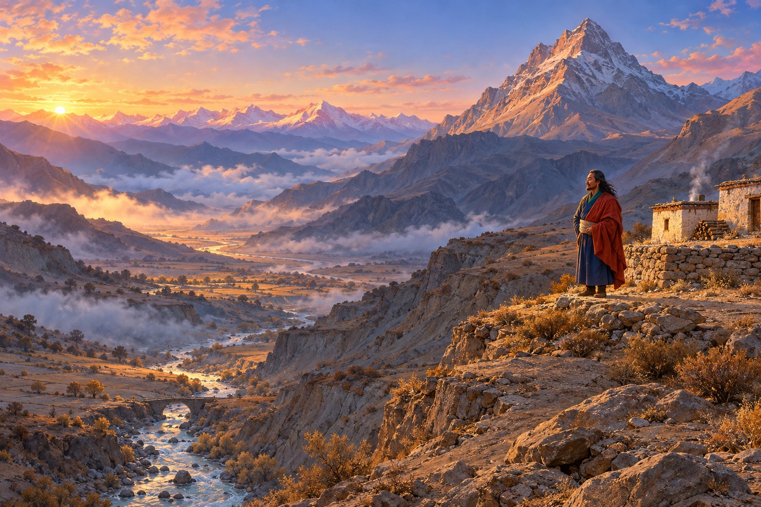 A bare grey mountain peak at dawn with two tiny stone huts on a narrow shelf below it. Dry, eroded slopes fall to a misty valley, and a snow range glows pink on the horizon. A small figure in a red-orange cloak with long dark hair stands at the edge of the terrace, looking out.