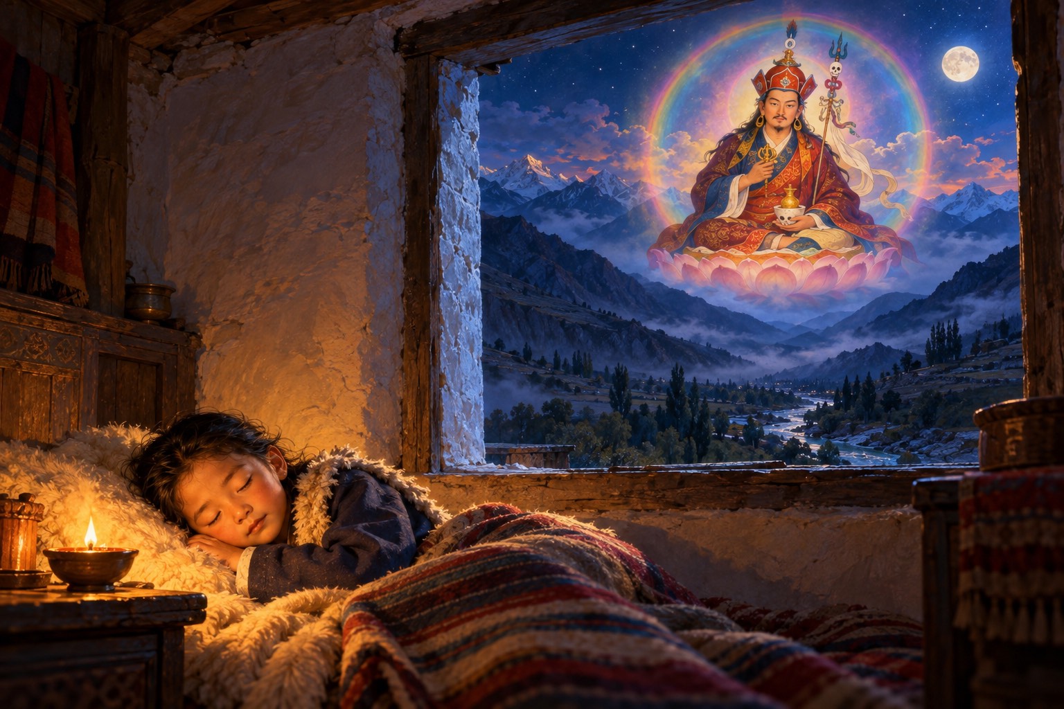 A small boy sleeps on a sheepskin in a stone room lit by a low oil lamp. Through a small window, in the moonlit sky above dark mountains, Guru Rinpoche appears small and soft within a sphere of rainbow light, wearing his lotus hat and holding a vajra.