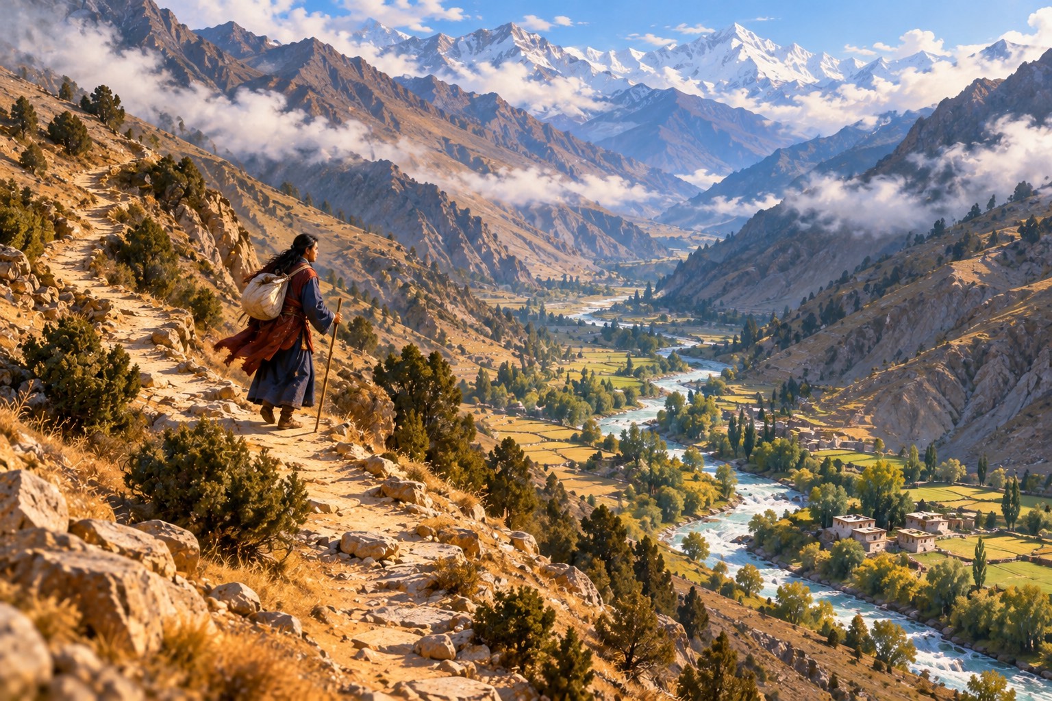 Seen from high above, a narrow path zigzags up a dry mountainside away from a green river valley with tiny white houses and fields. A small young man with long dark hair, a staff and a bundle on his back climbs toward a pass under drifting cloud shadows.