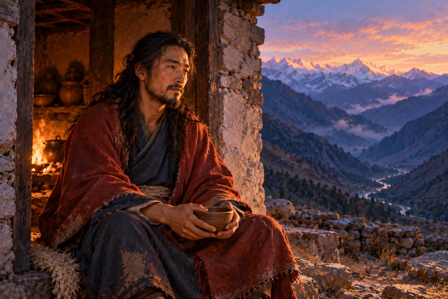 A close portrait of a lean man with long dark hair and a thin goatee, sitting in the doorway of a bare stone hut at dusk. Firelight warms one side of his face, cool evening light the other, and his hands hold a plain wooden bowl.