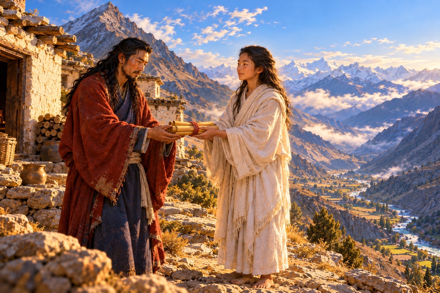 On a stony mountain path in morning light, a young yogi in white with long hair hands a small bundle of rolled yellow scrolls to Nyangral, who receives them with both hands. A bare peak and a deep valley lie behind them.