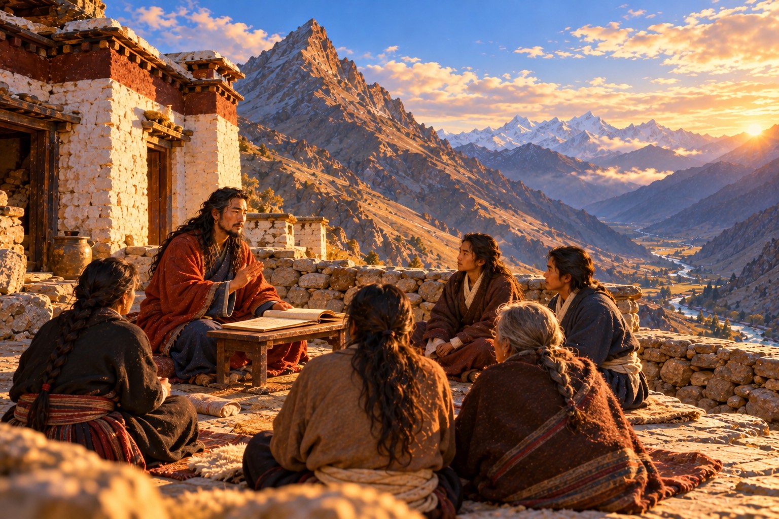On a stone terrace in golden afternoon light, Nyangral sits by a low table with an open book, one hand raised as he speaks to a small circle of listeners. A whitewashed temple and a glowing mountain peak rise behind them.