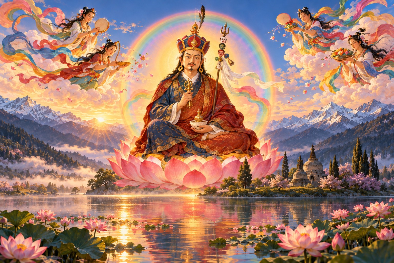 Guru Rinpoche sits centered on a large pink lotus above a still lake at dawn, inside a sphere of rainbow light, wearing the lotus hat and holding a vajra and skull cup, a slender staff at his shoulder. Small dakinis on clouds offer flowers on either side.