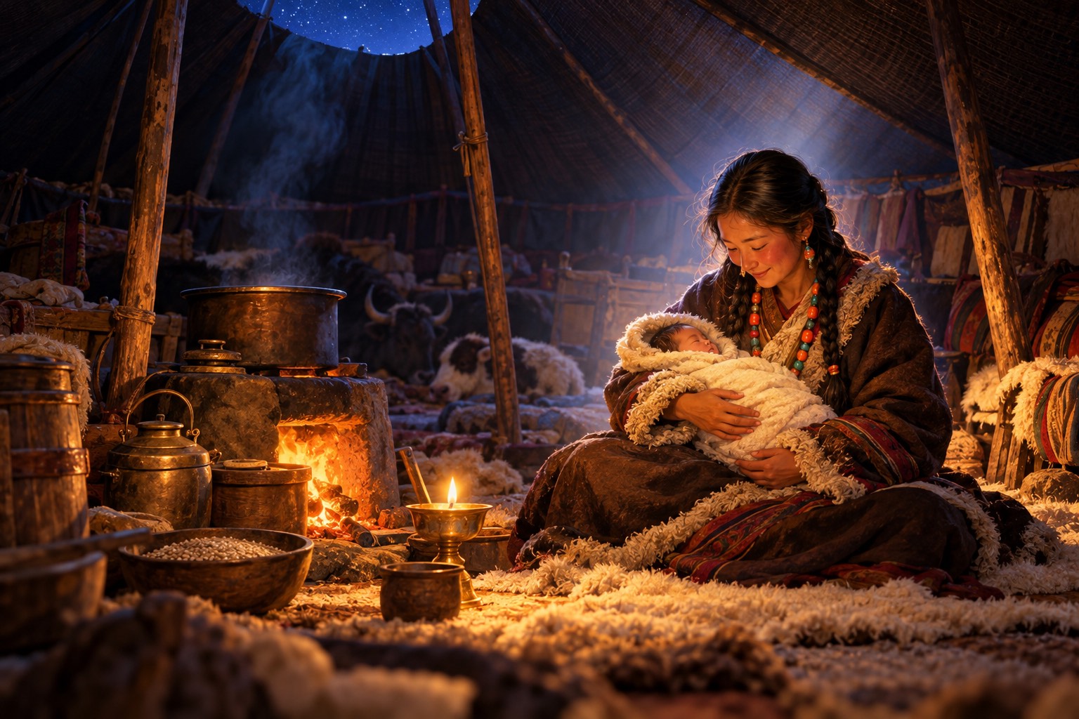 Inside a black nomad tent at night, a young mother with braided hair sits on a felt rug holding her swaddled newborn. A soft white glow fills the tent, and stars show through the smoke opening.