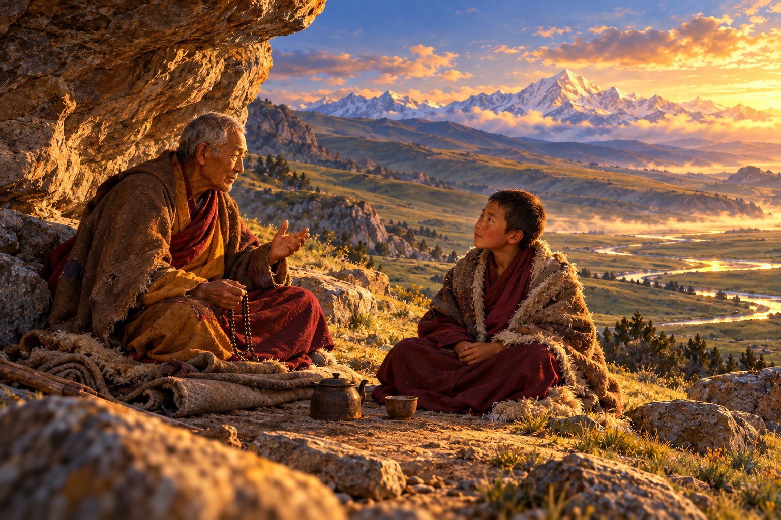 An elderly hermit in faded robes sits under a rock overhang, speaking to a round-faced boy who sits on the ground listening closely. A green valley and snow peak stretch beyond.