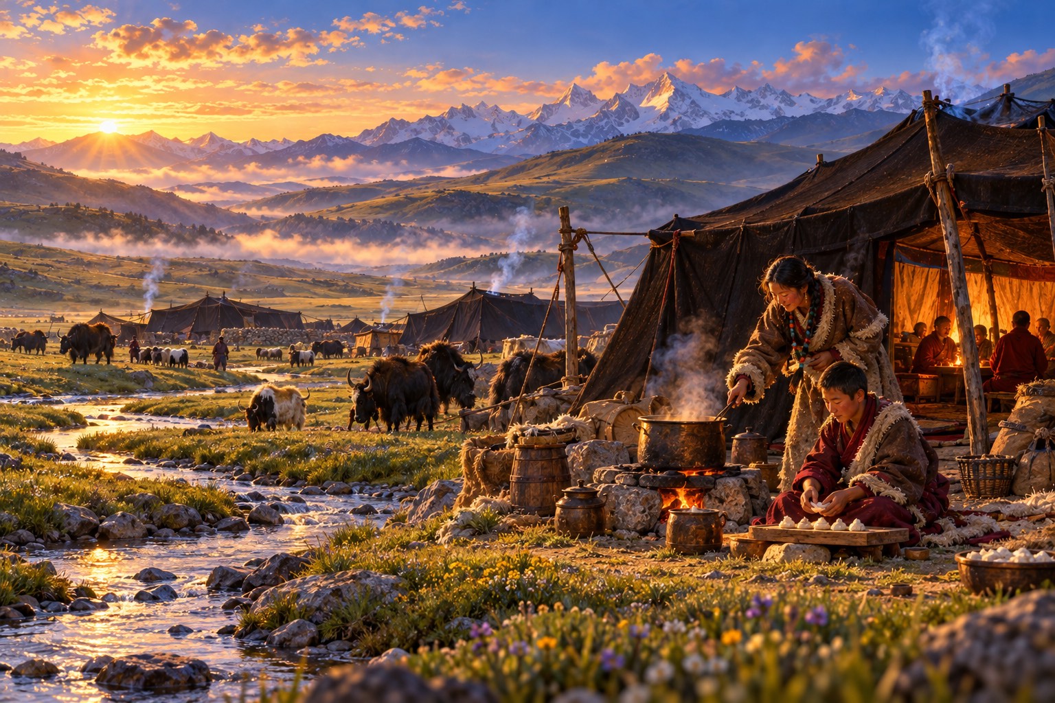 A nomad camp of black tents on a green plain in morning light. Outside the largest tent, a young monk kneels by a fire making offerings while a nomad girl points to a pot of milk.