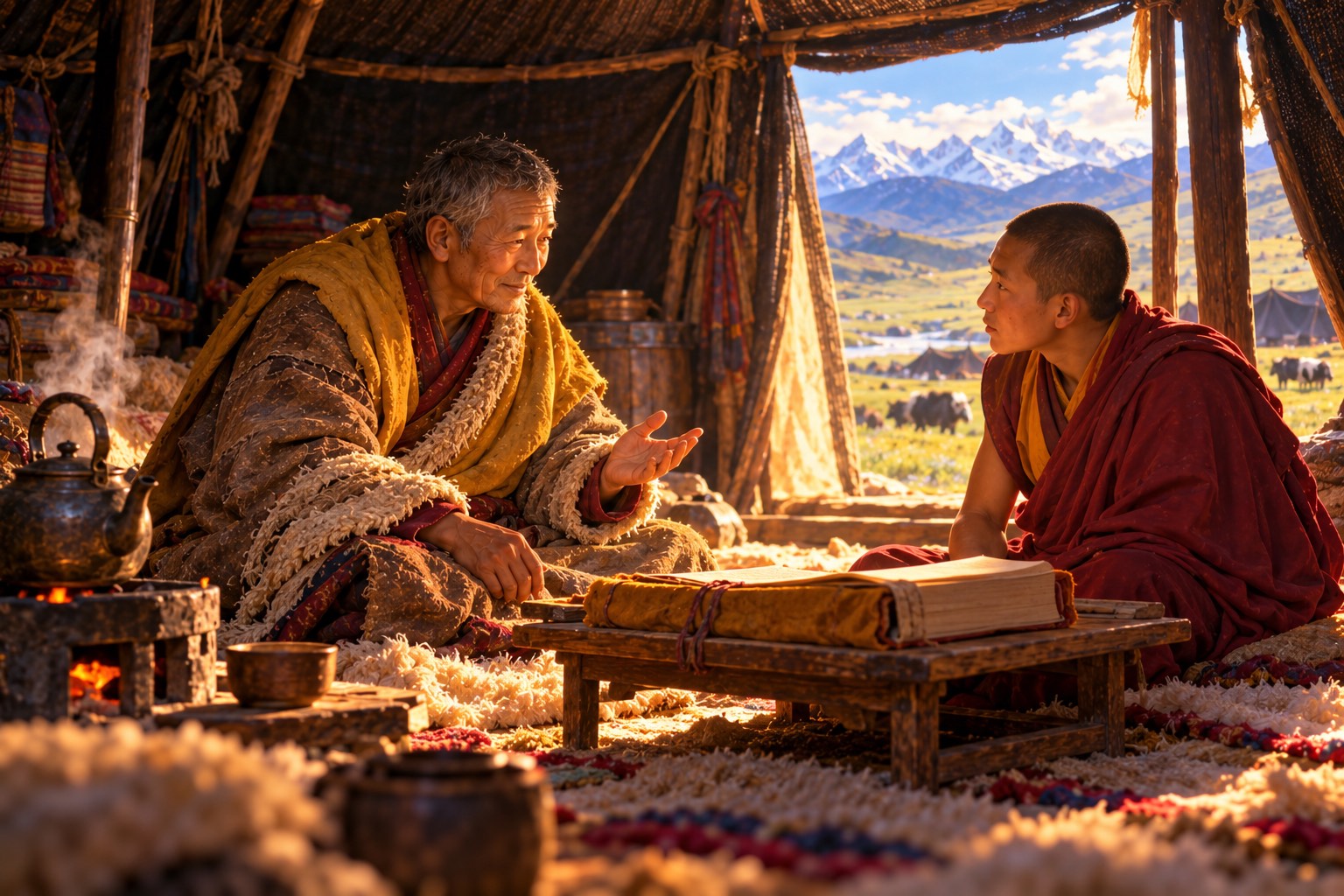 Inside a black nomad tent lit by daylight from the door, an older grey-haired teacher in a sheepskin coat leans forward explaining to a young monk who listens closely over an open book.
