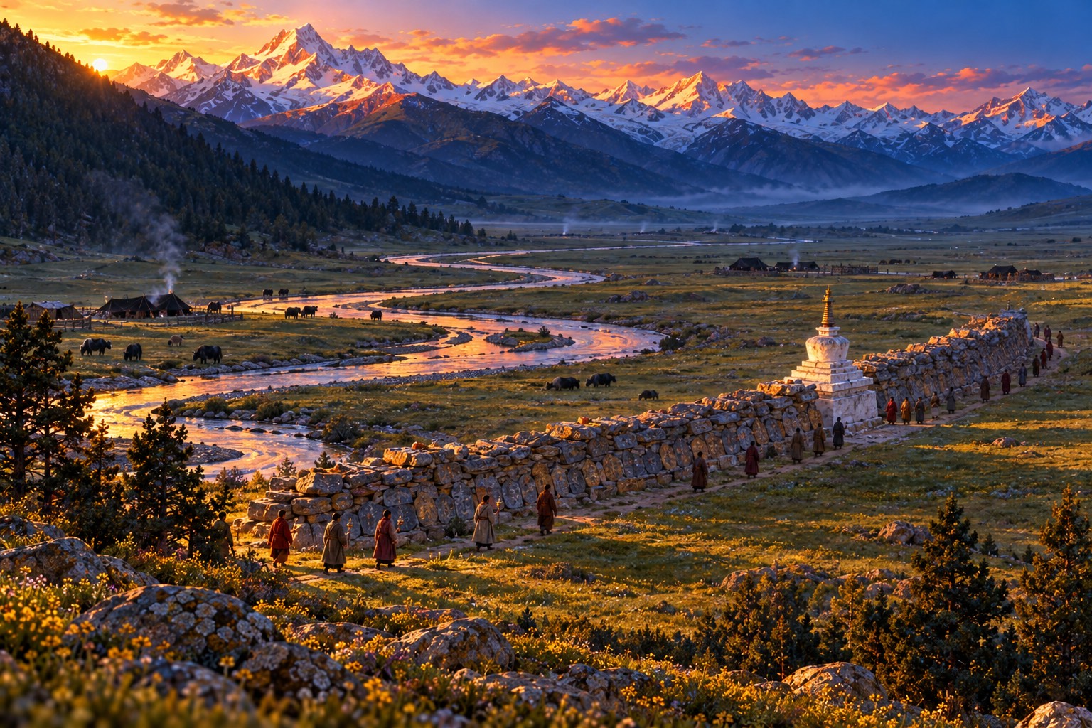 A high view of a long, low wall of grey and ochre stones crossing a green plain beside a winding river, with a small white stupa, tiny pilgrims walking around it, and snow mountains glowing in the distance.