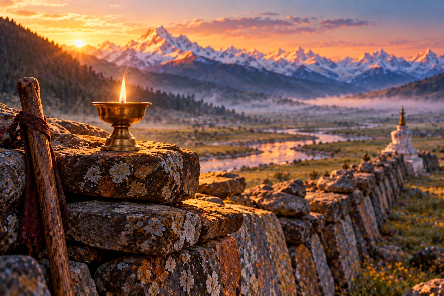 A small butter lamp burns on weathered stacked stones at dawn, with a walking staff leaning nearby and a long stone wall stretching across a misty plain toward pink snow peaks.