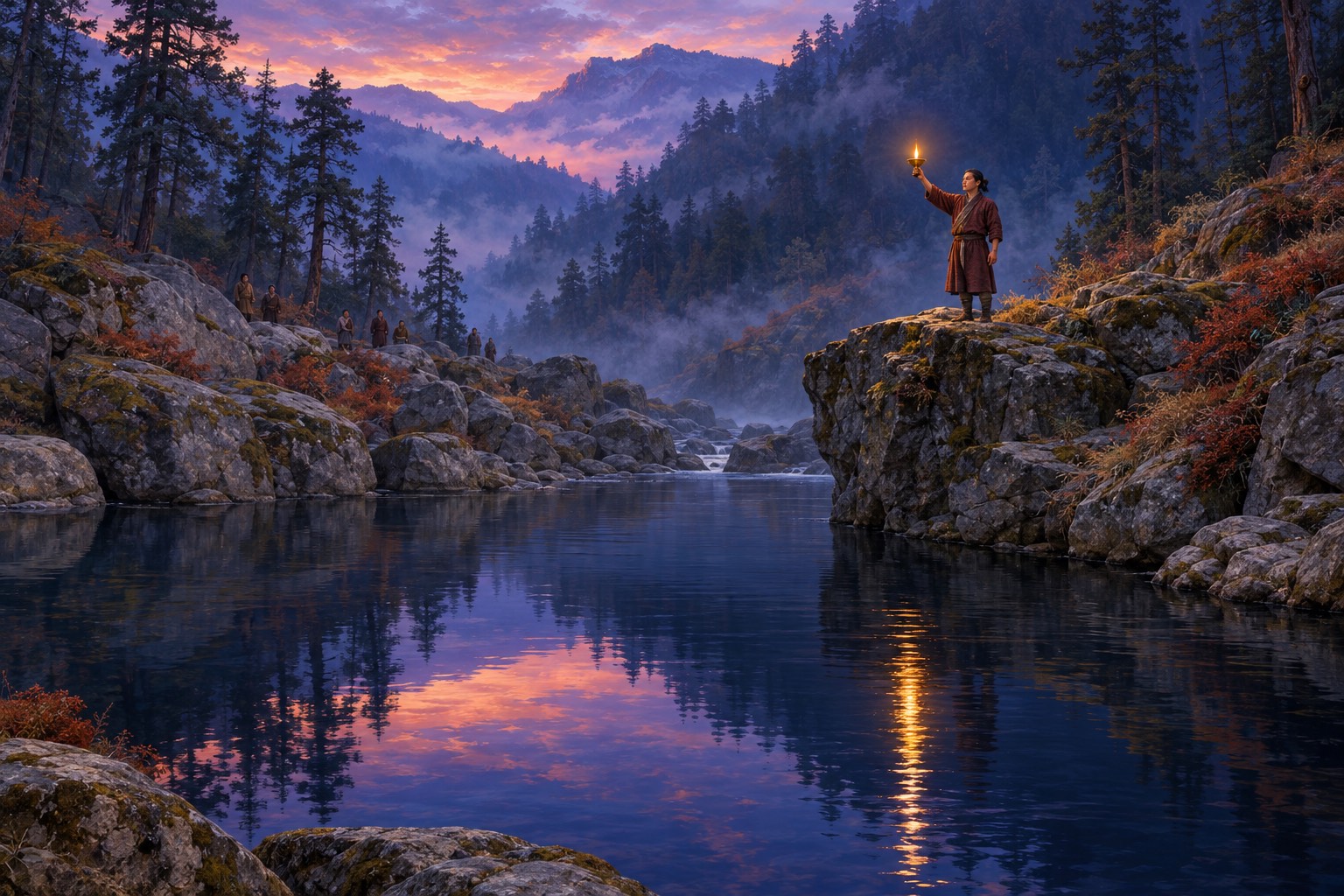 A dark pool in a rocky, forested gorge at dusk. On a rock jutting over the water a small figure holds up a lit butter lamp, its flame reflected in the still water, while tiny figures watch from the boulders on the far bank.