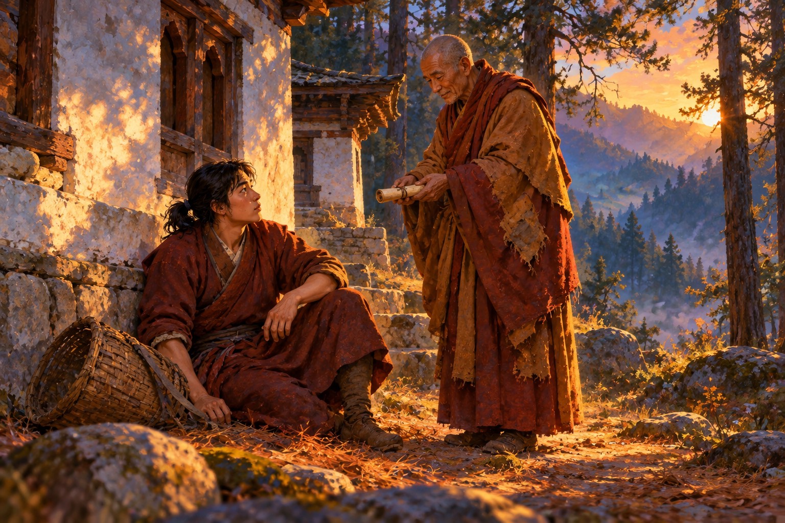 Beside a small whitewashed temple at the edge of a pine wood, a young man wakes and looks up at an old monk in ragged robes who holds out a small rolled scroll. Low golden sunlight slants through the trees.