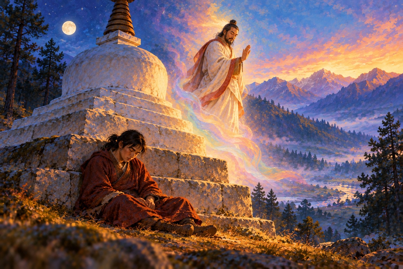 At the foot of a small white stupa at dawn, a young man sleeps against the steps. Above him an older man in white and red robes lifts a hand in farewell as his figure begins to fade into soft rainbow light.