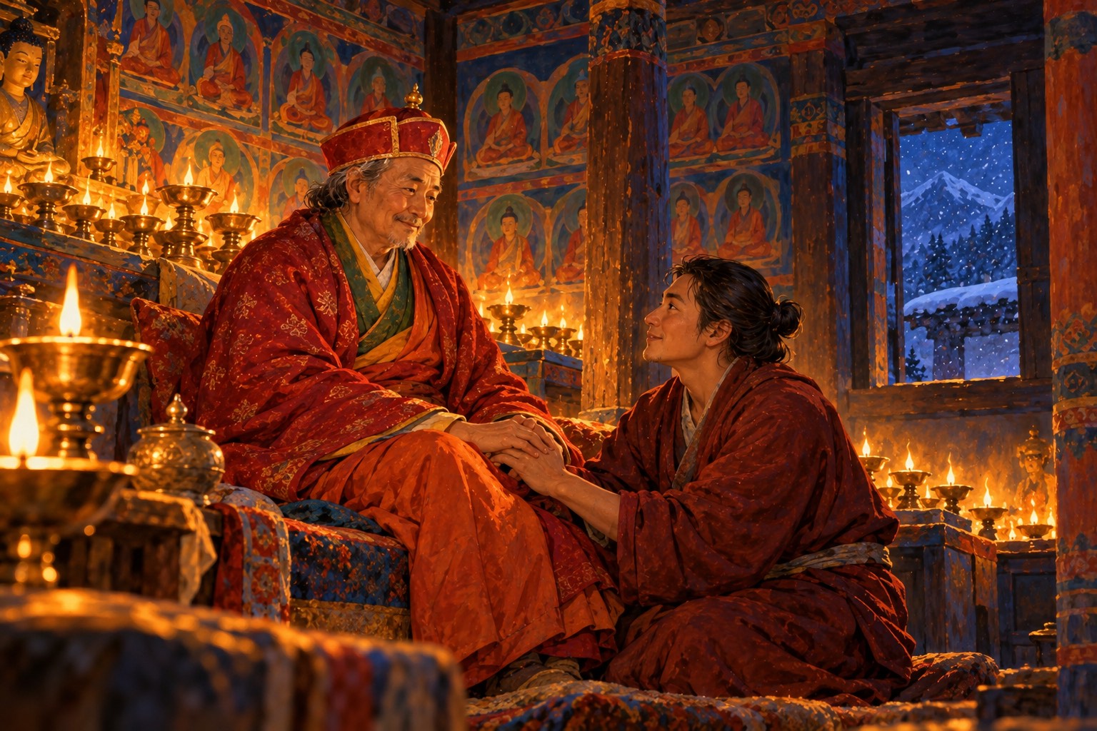 In a lamp-lit temple with old murals, an elderly master in a red cloak sits peacefully while his grown son kneels beside him and holds his hand. Snow falls past a small window.