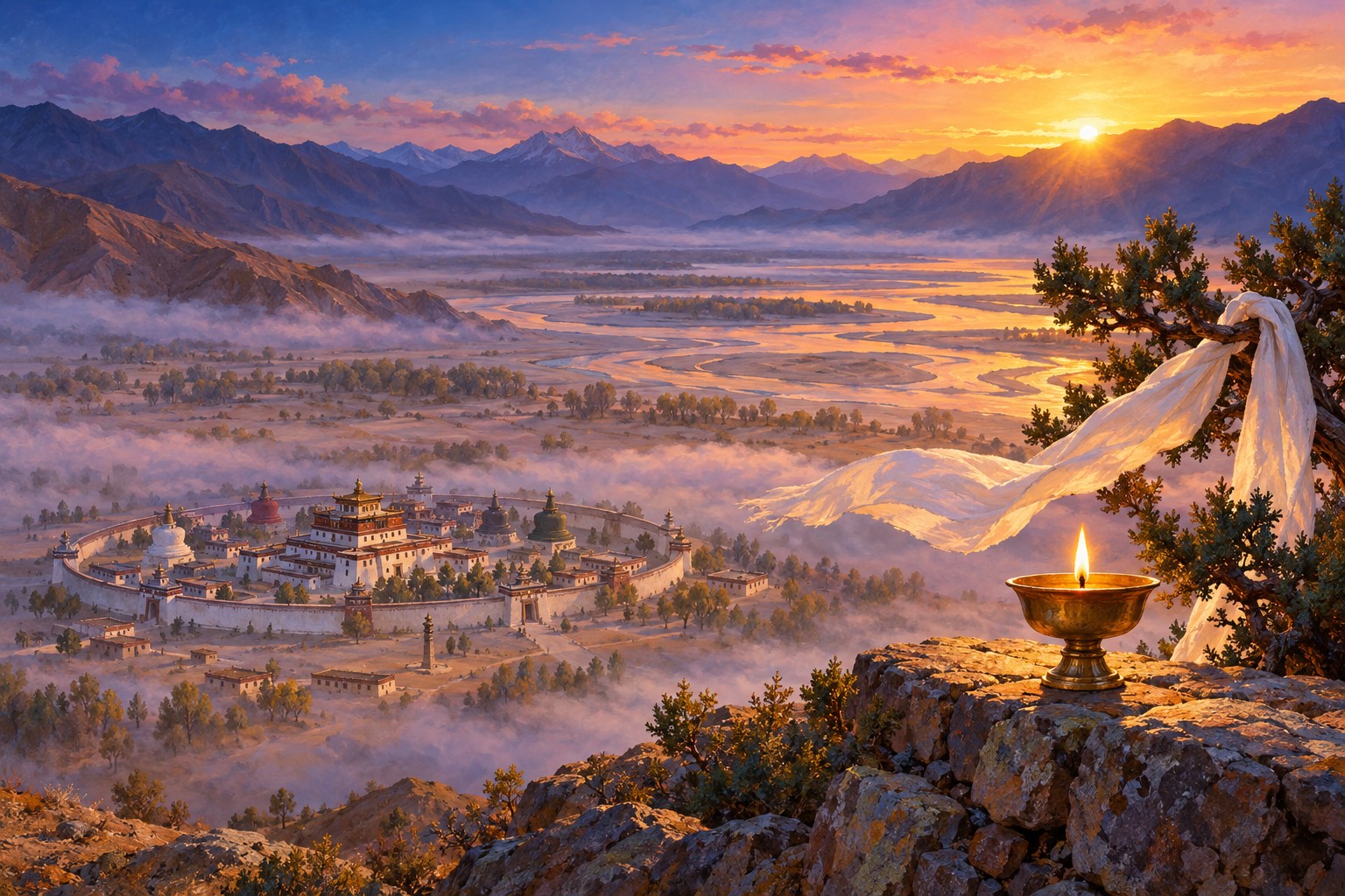 Seen from a hillside at dawn, the round white wall and temples of Samye sit in mist beside a wide river. In the foreground a single small lamp burns on a stone ledge, and a white silk scarf lifts in the wind from a juniper branch.
