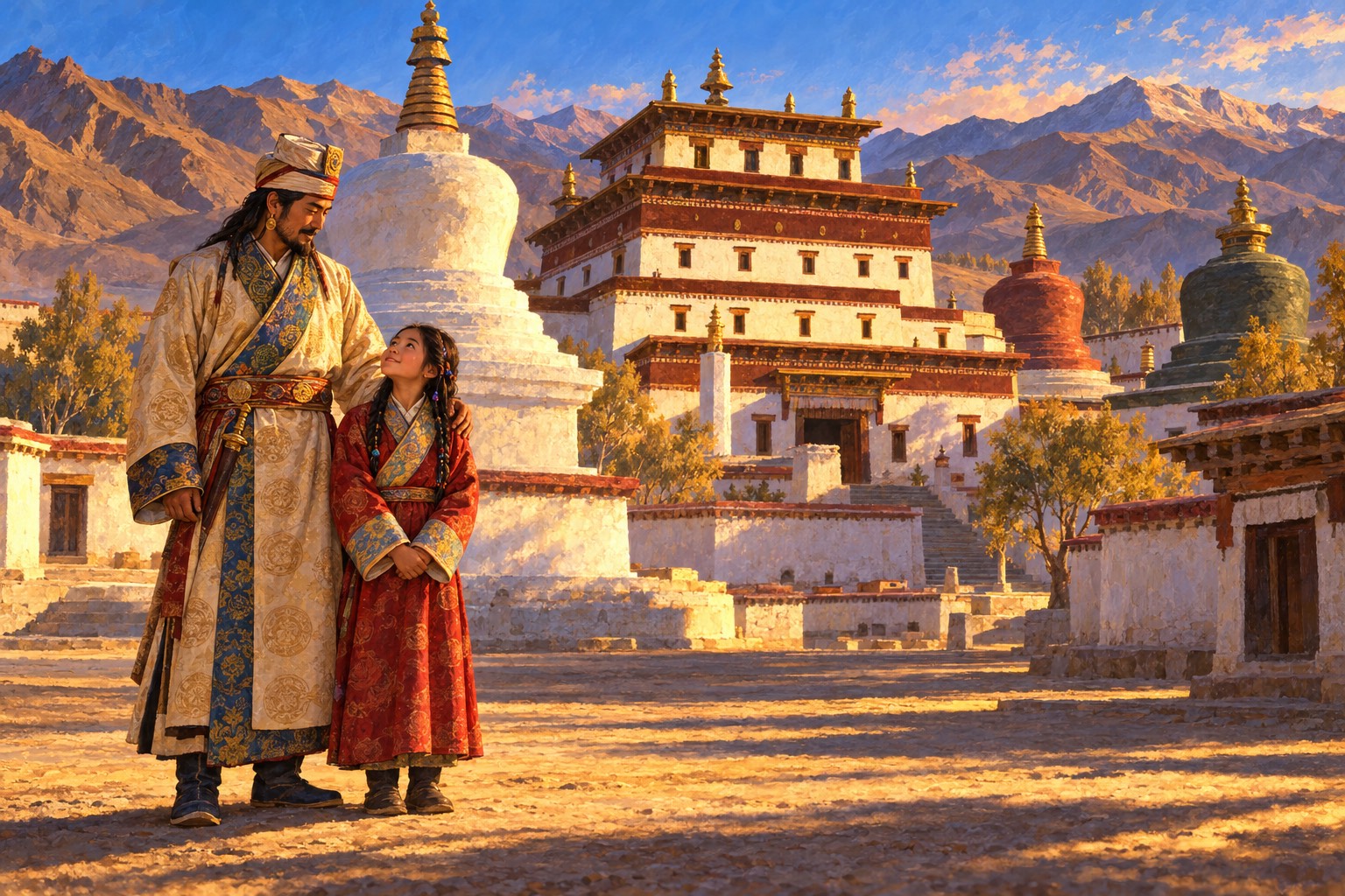 In a sunlit courtyard at Samye, the king in a cream robe and tall turban stands with his hand on the shoulder of a small girl in a deep red robe with braided hair. She looks up at a white stupa.