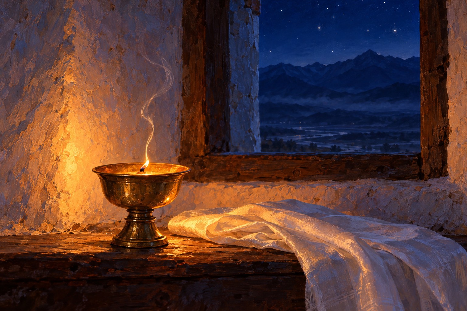 A small brass butter lamp on a dark wooden ledge, its flame almost out and a thin thread of smoke rising. A folded white silk scarf lies beside it, and a small window shows a deep blue night sky.
