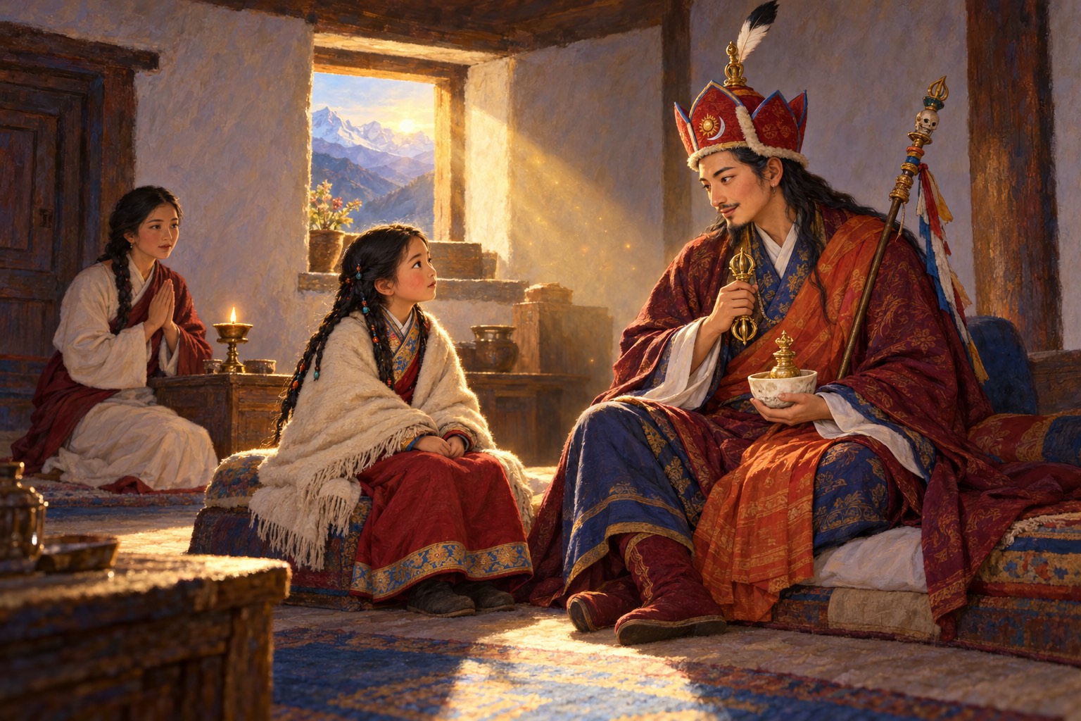 Across a simple room in morning light, a young girl in a deep red robe and cream shawl sits upright, looking up at Guru Rinpoche, who leans toward her kindly. A soft golden light hangs between them. In the background a young woman in white kneels beside a lamp.