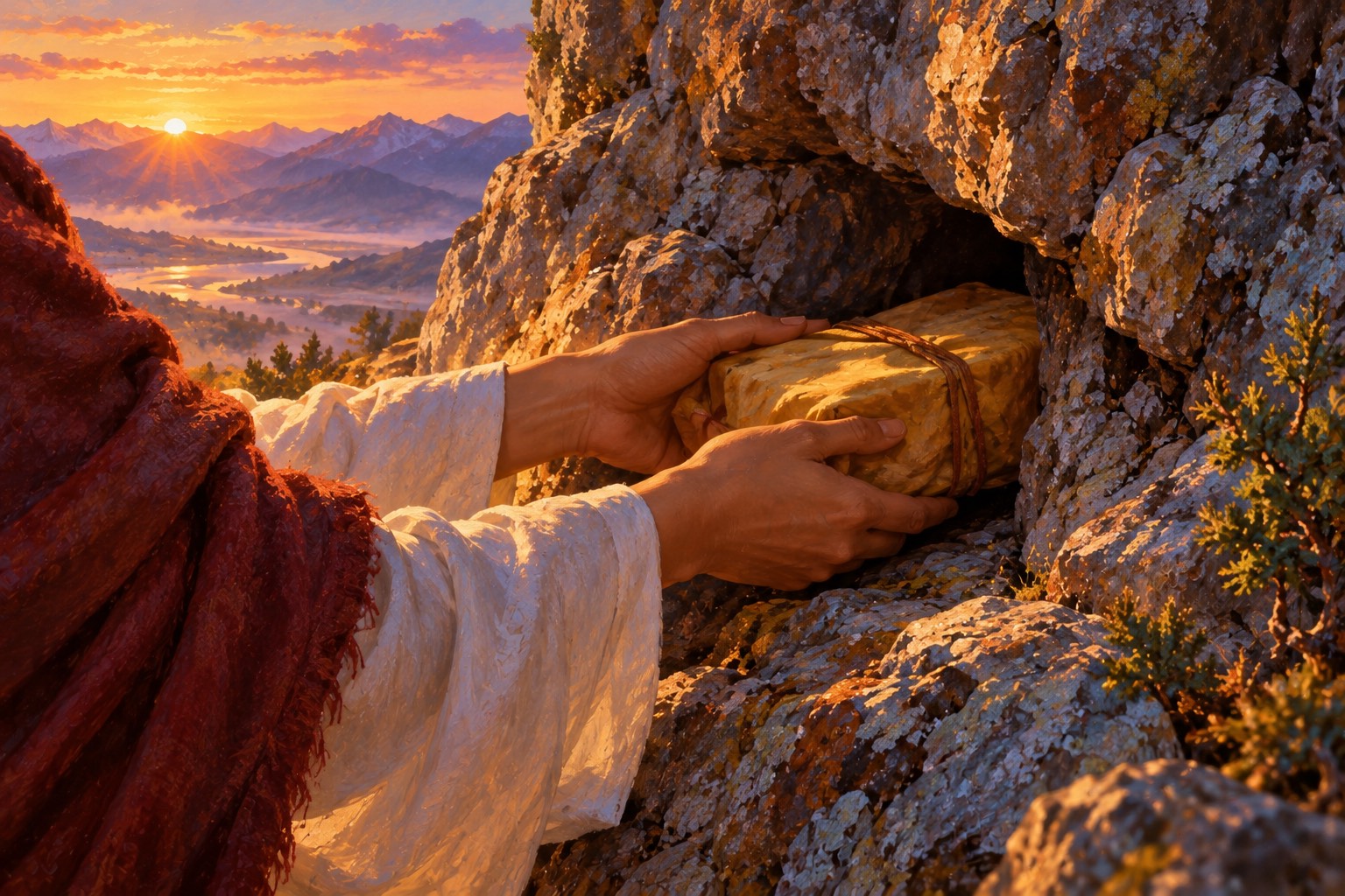 Close-up at dusk of a woman's hands, with a white sleeve and dark red shawl, placing a small casket wrapped in yellow cloth into a crack in a speckled rock face.