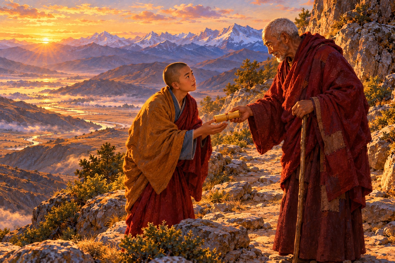 On a mountain path in warm evening light, an old monk in patched red robes with a walking staff hands a small yellow scroll to a young shaven-headed monk, who reaches out with both hands.