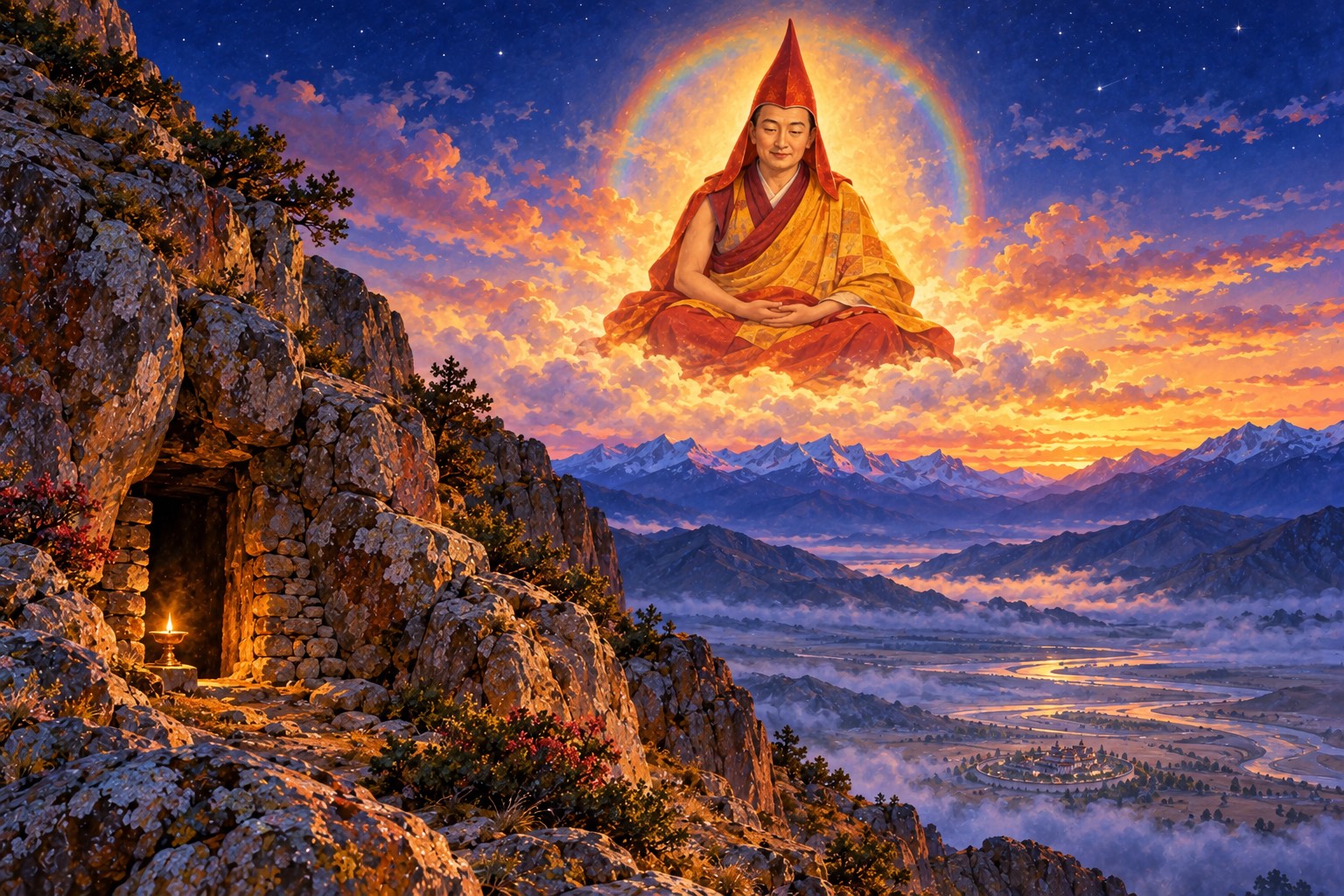 At twilight, Longchenpa, in a tall pointed red hat and red and gold robes, sits in meditation on soft clouds of light above rocky crags. Below him a lamp glows in a small cave doorway.
