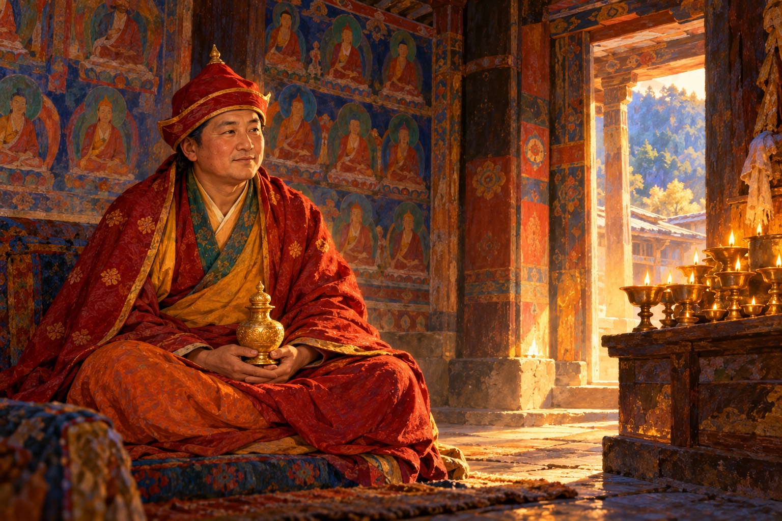 Inside a dim temple with painted walls, a round-faced master in a red hat and red cloak sits holding a small golden vase in his lap, beside a row of glowing butter lamps.