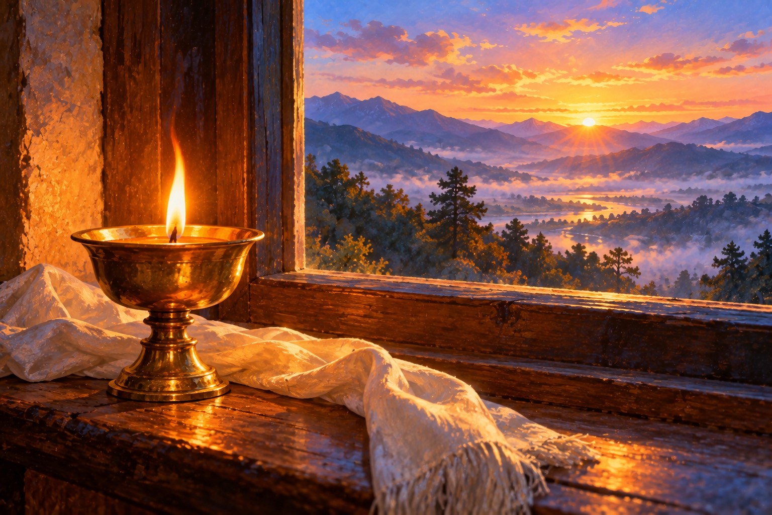 A small brass butter lamp burns on a wooden window ledge beside a folded white silk scarf, while the sky outside turns rose and gold at dawn.