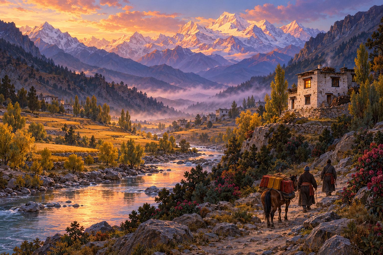 A green Tibetan valley at golden hour, with a whitewashed stone house on a rise and two small travellers leading a pack horse laden with cloth-wrapped books along the river.