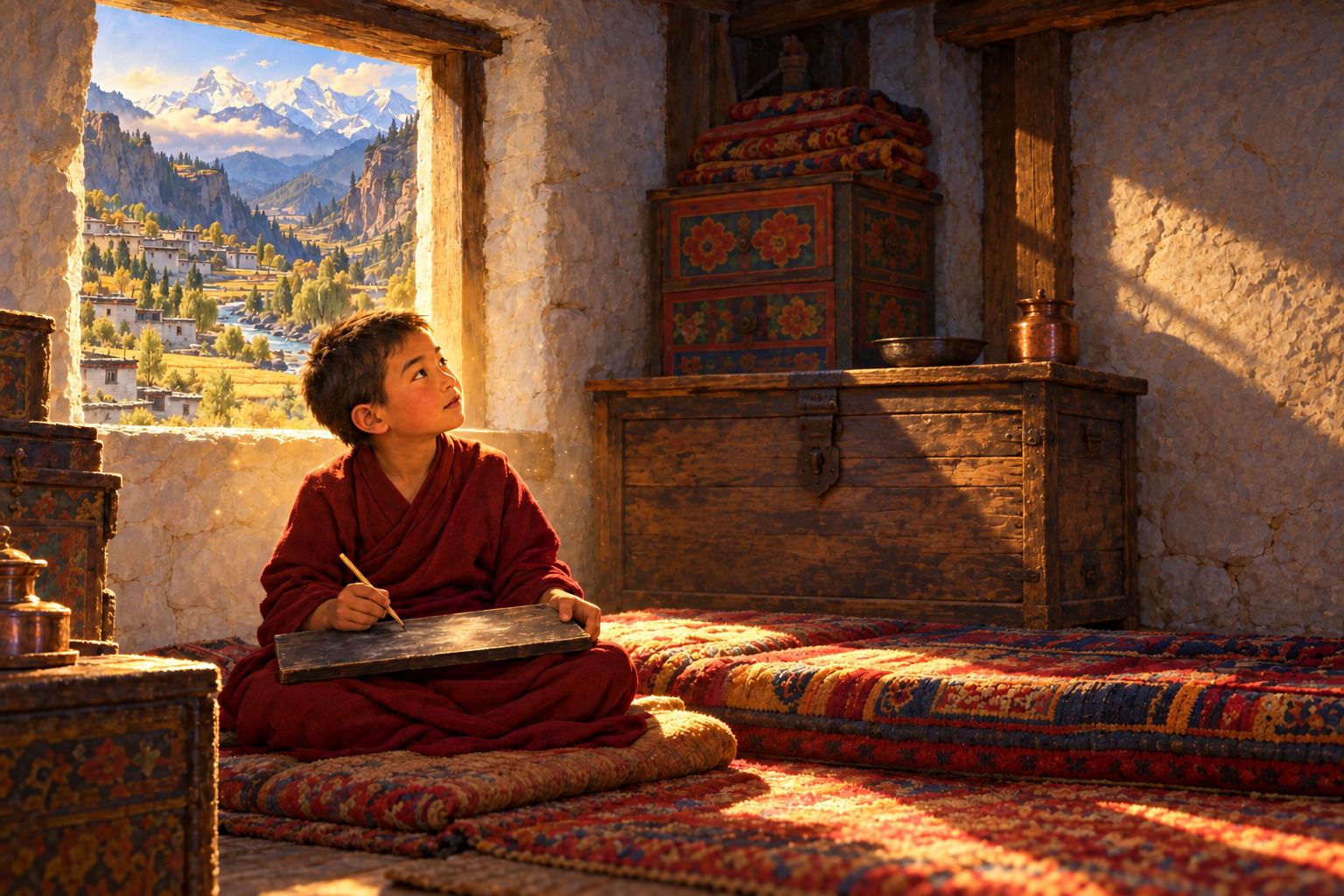 A boy sits by a small window in a stone room with a wooden writing board on his knees, looking up into a beam of morning light.
