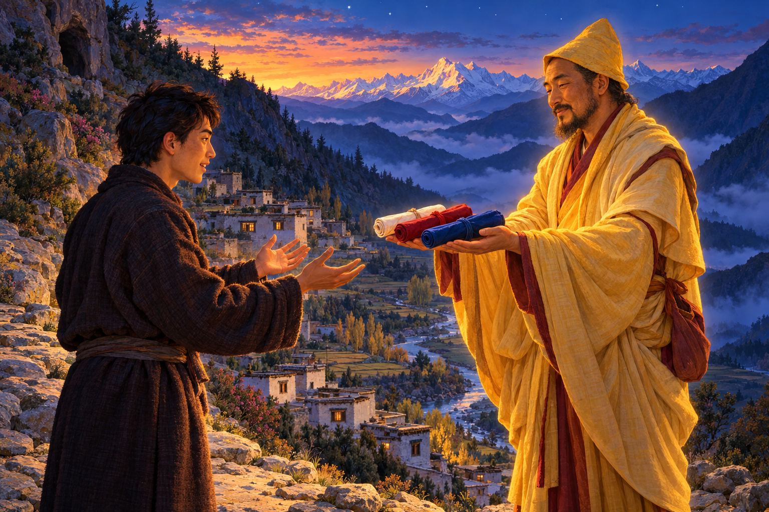 On a mountain path at dusk, a yogi in yellow silk holds out white, red and blue scrolls to a young man who reaches toward all three.