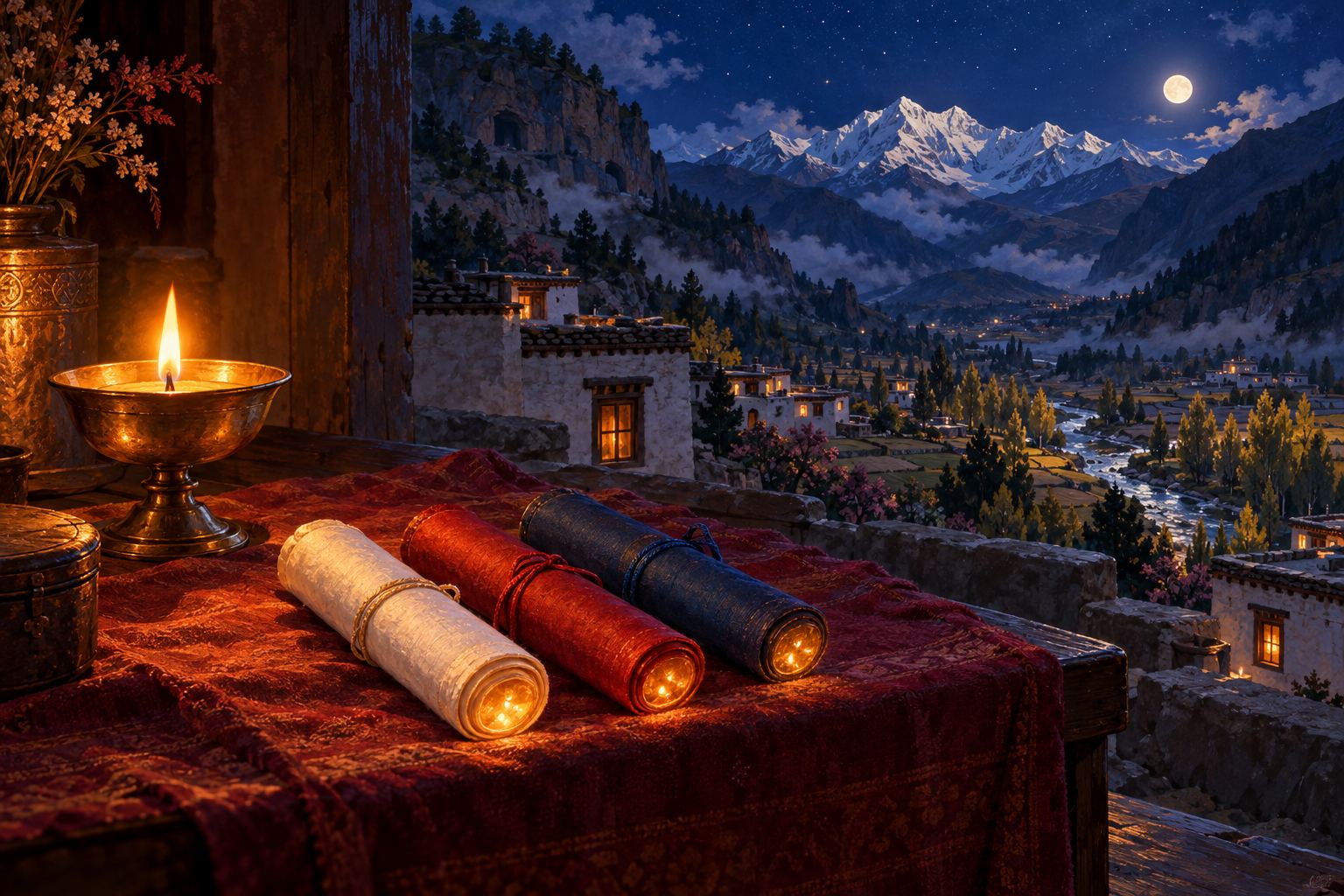 Three small rolled scrolls, white, red and blue, lie on a maroon cloth beside a glowing butter lamp.