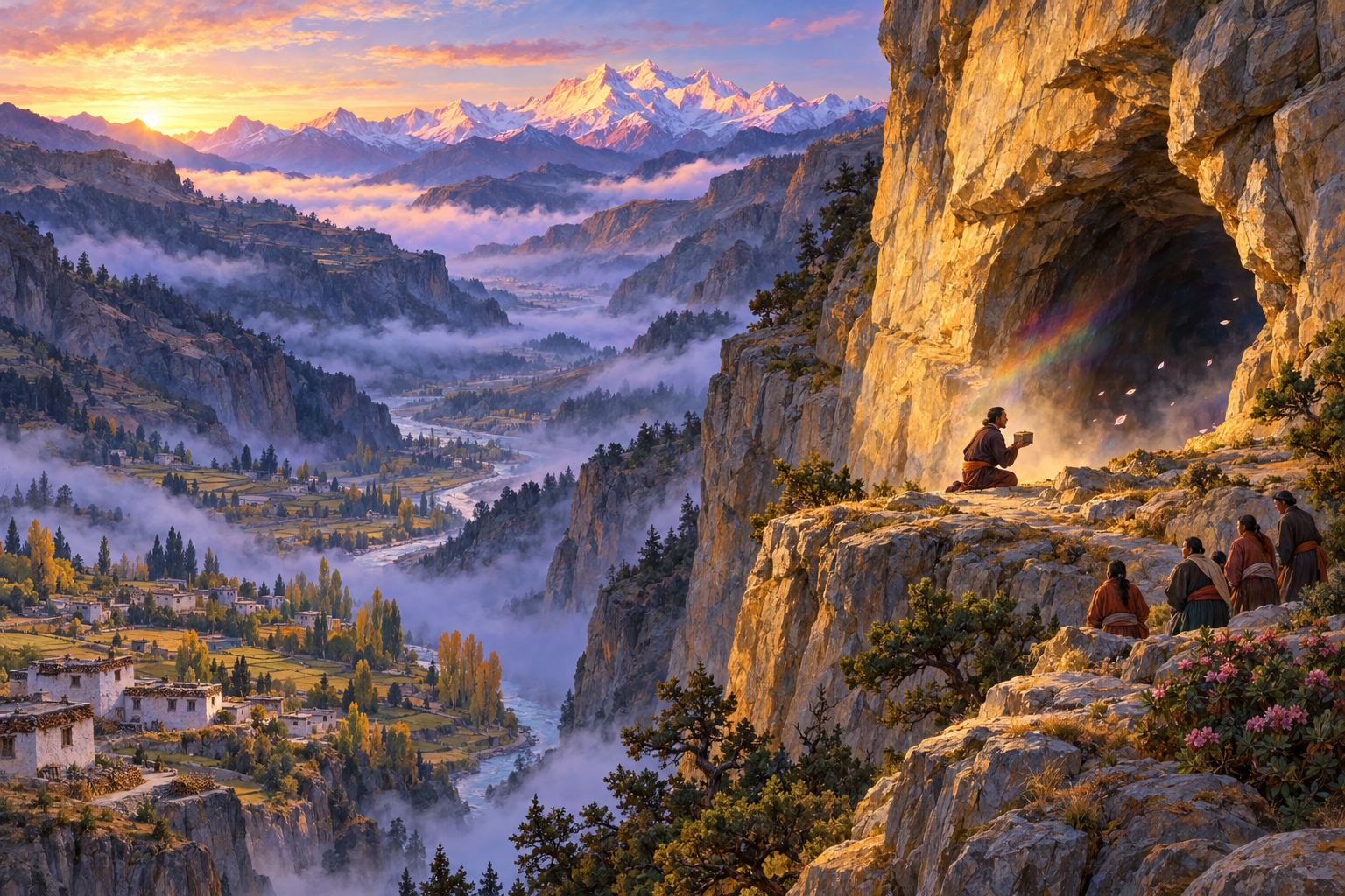 Seen from high above at dawn, a tiny figure kneels at a cliff cave holding a small casket while villagers watch, a faint rainbow haze over the cave.