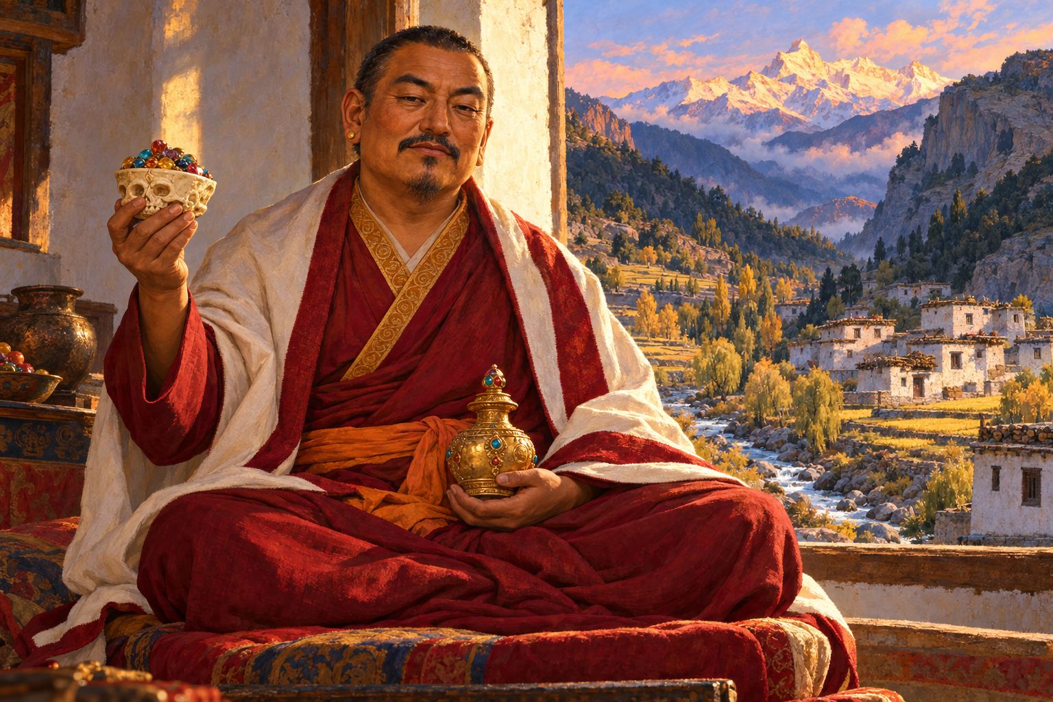 A mature Tibetan master with short dark hair and a small beard, in maroon and white robes, holds a jewel-heaped cup in his raised right hand and a golden vase in his lap.