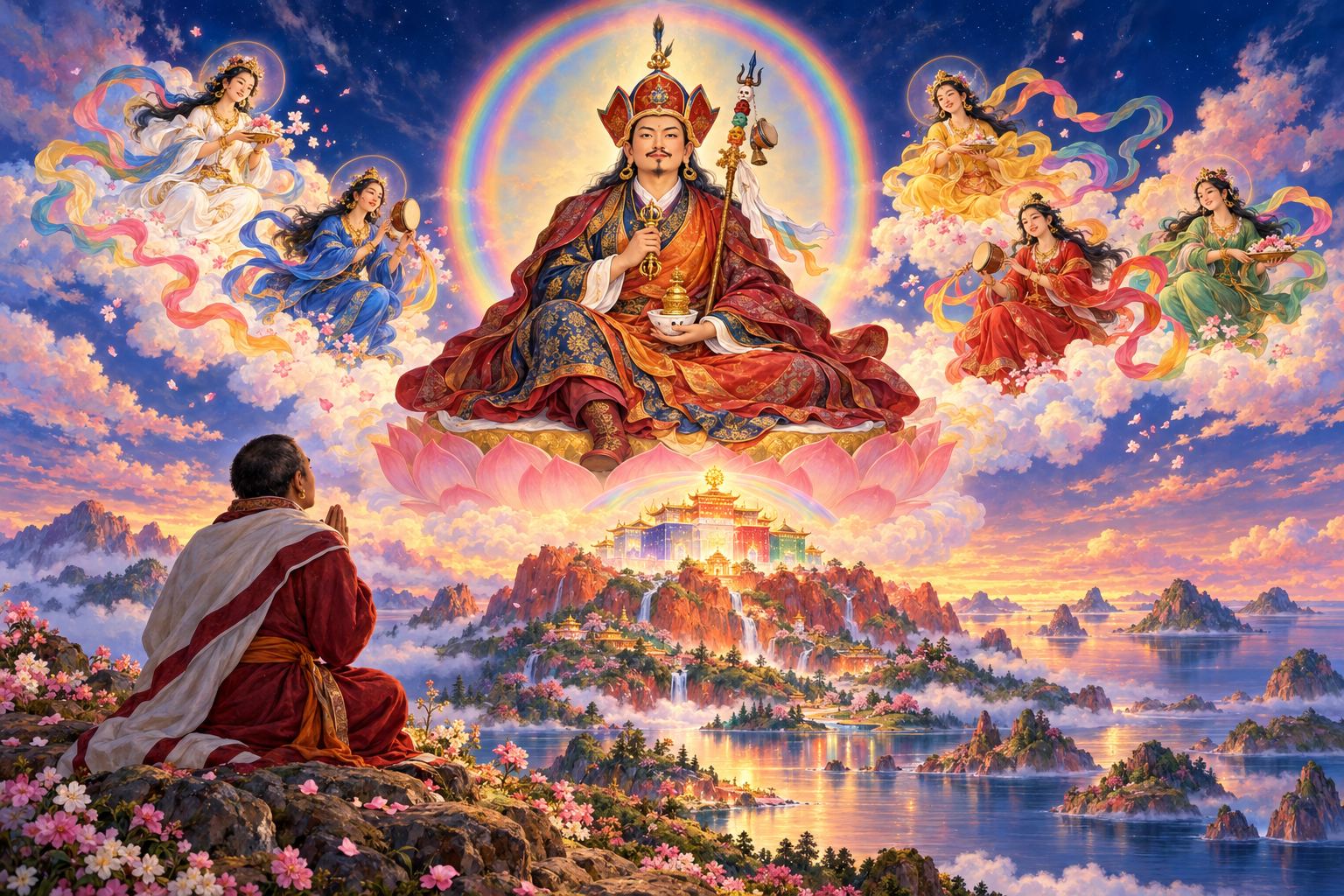 Guru Rinpoche sits in a sphere of rainbow light before a glowing palace on a copper-red mountain, dakinis around him, while a small kneeling figure looks up with joined palms.