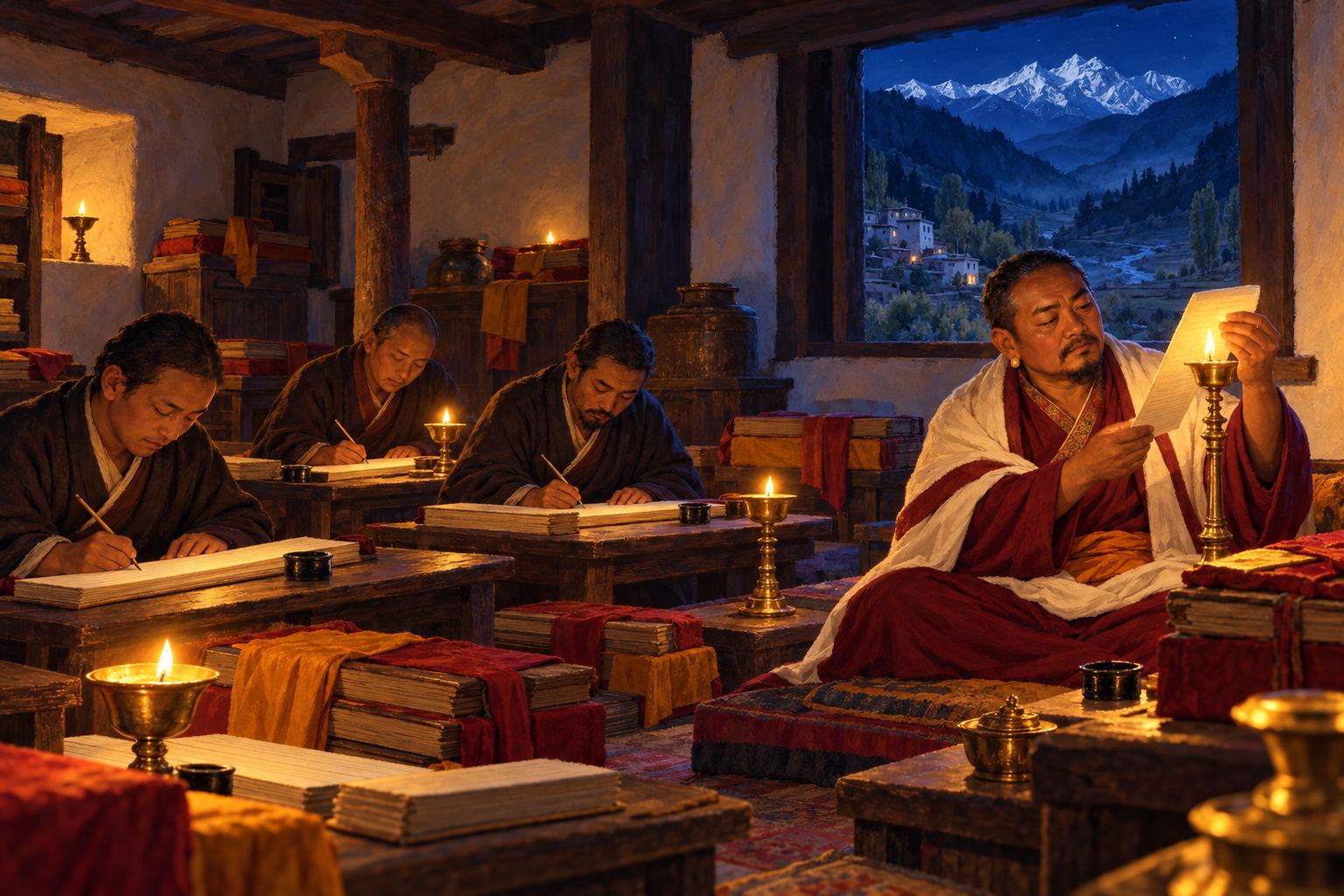 By butter-lamp light, three scribes copy long loose-leaf pages at low tables while an older man holds a worn leaf to a lamp, stacks of cloth-wrapped books around them.