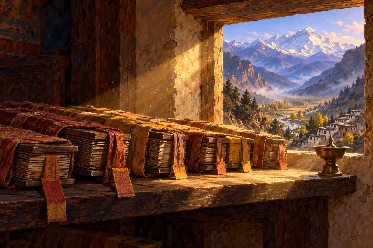 A long wooden shelf of cloth-wrapped Tibetan books in faded red and saffron, lit by a shaft of morning sun.