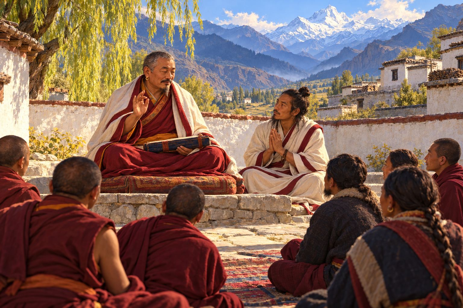 An elderly master in maroon and white teaches in a sunlit courtyard while a younger lay yogi and a small group of students listen.