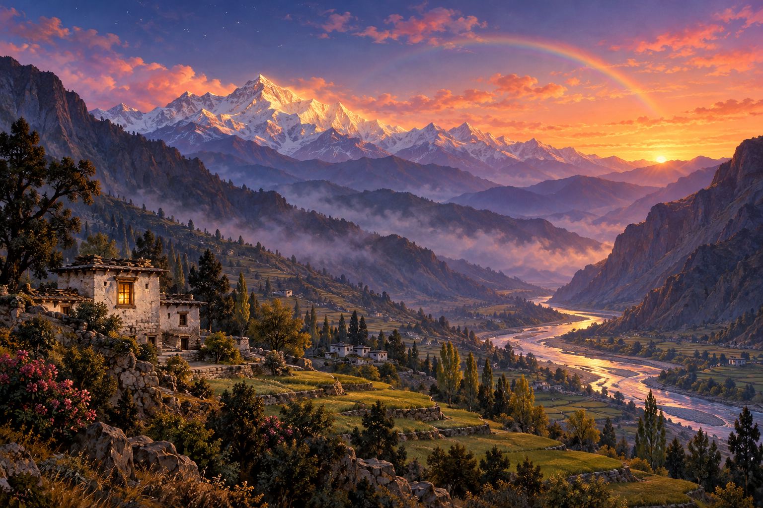 A misty Tibetan valley at dusk, a single lit window in a stone house, and a faint rainbow arc over the far ridges.