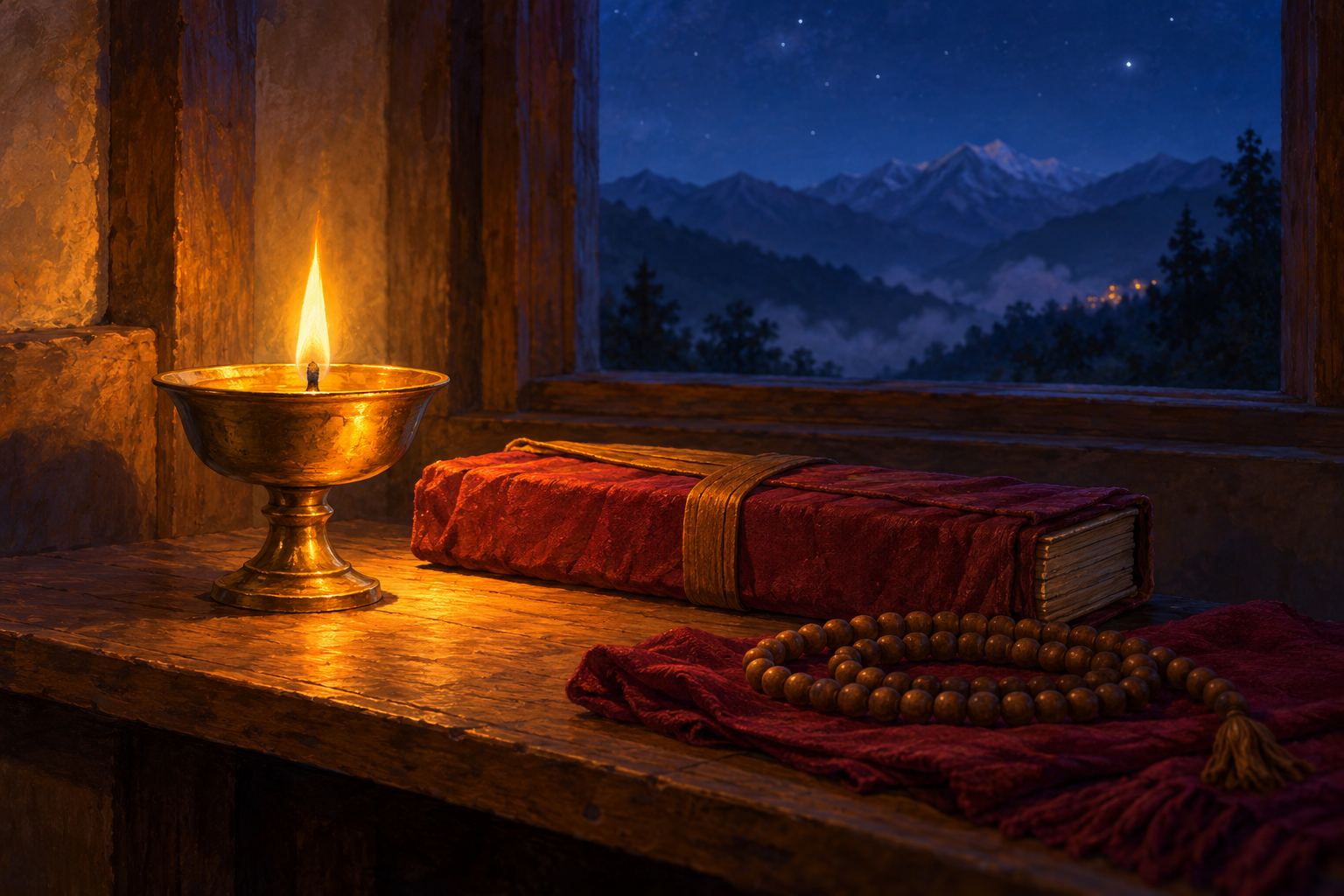 A butter lamp burns on a small shelf beside a cloth-wrapped book and a wooden mala, a starry night beyond the window.