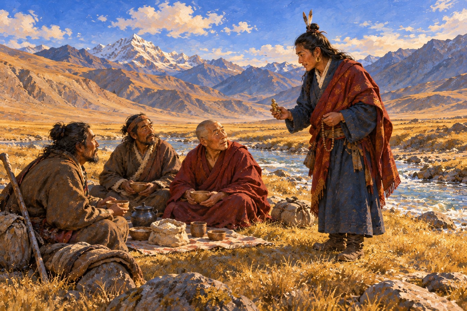Three travelers sitting around a simple meal on a grassy stream bank look up in surprise at a young man in a maroon shawl who has walked up holding a small brass figure and a rosary.