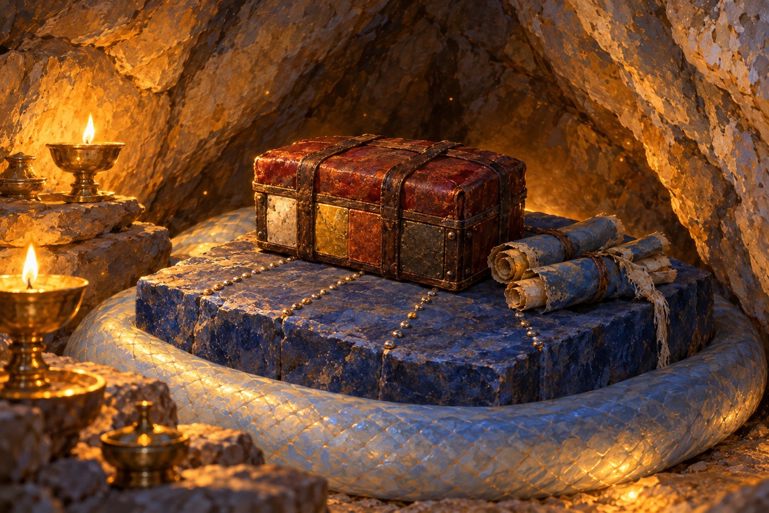 Close-up of a small maroon leather casket with panels of white, gold, copper and dark iron, resting on a square blue stone slab studded with silver nails, with a pale blue coil around its base and rolled scrolls in blue silk beside it.